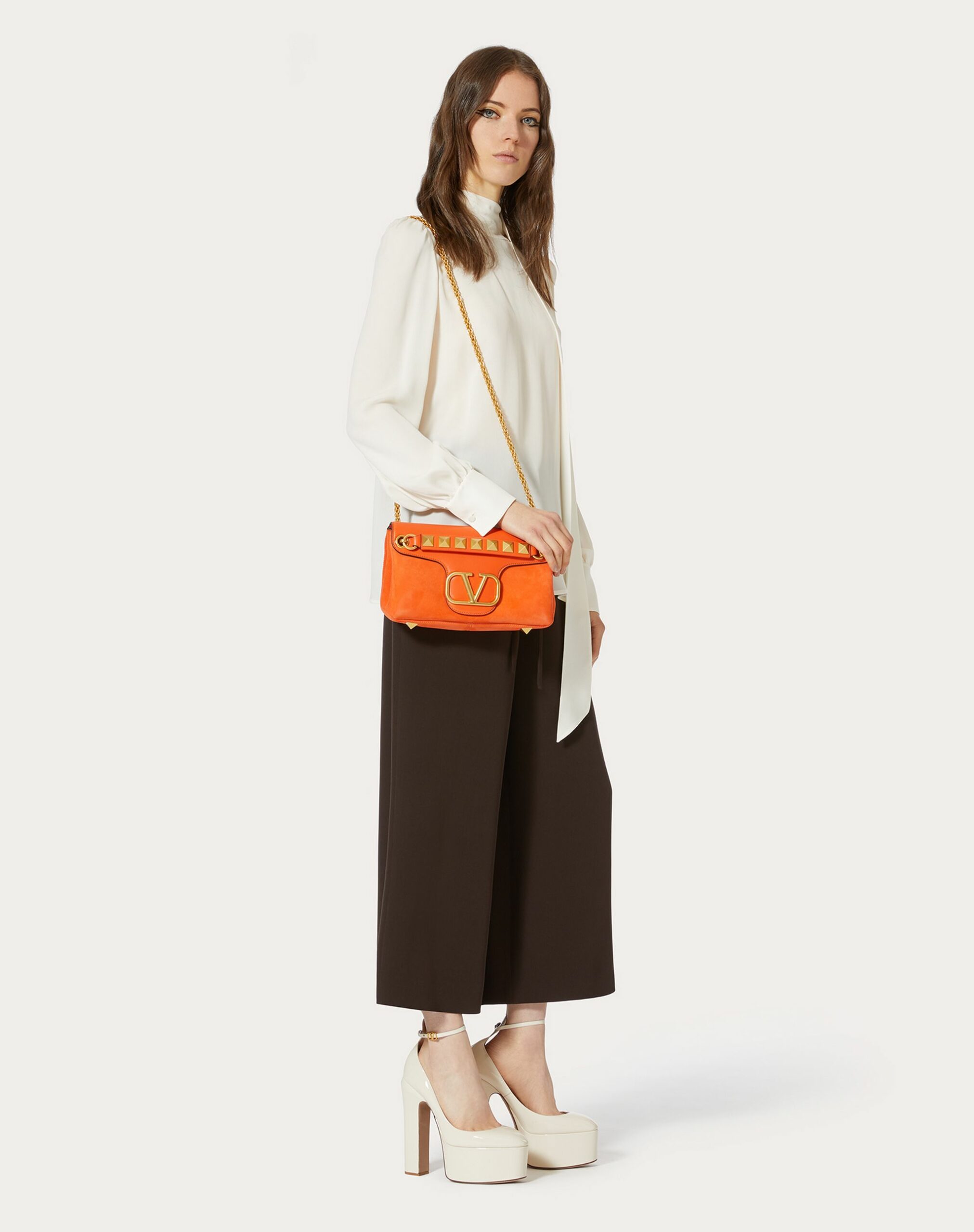 Valentino Stud Sign Shoulder Bag In Nappa And Suede Leather Orange (XW2B0K26IRL0LR)