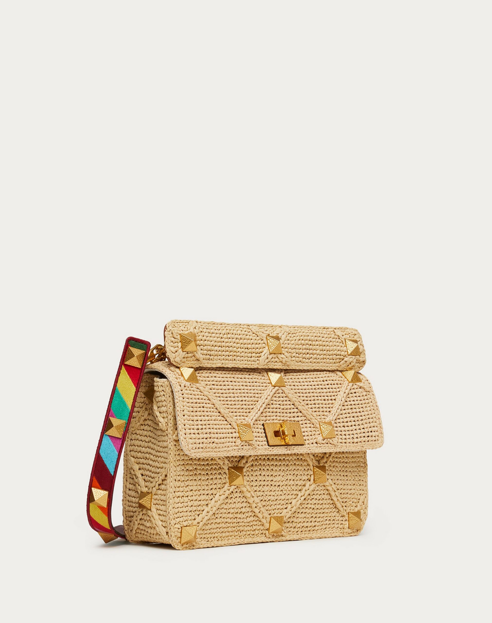 Valentino Large Roman Stud The Shoulder Bag In Raffia Natural/multicolour (XW2B0K08SIIST0)