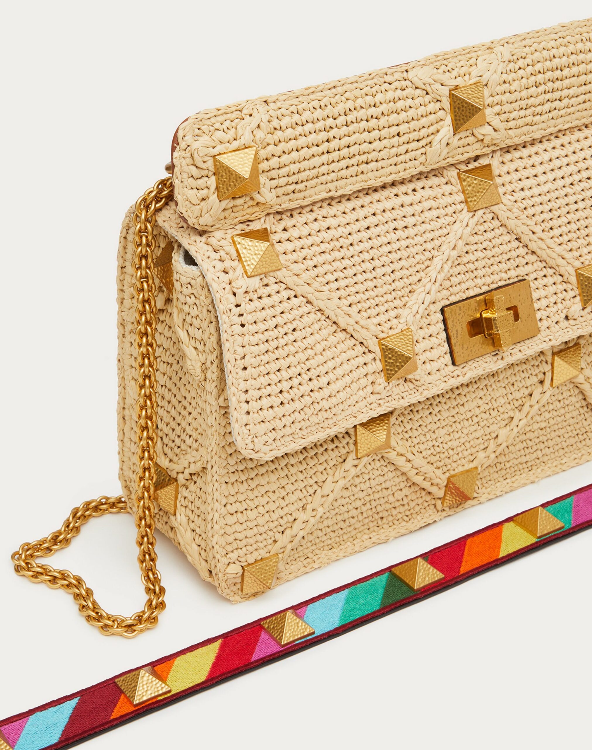 Valentino Large Roman Stud The Shoulder Bag In Raffia Natural/multicolour (XW2B0K08SIIST0)