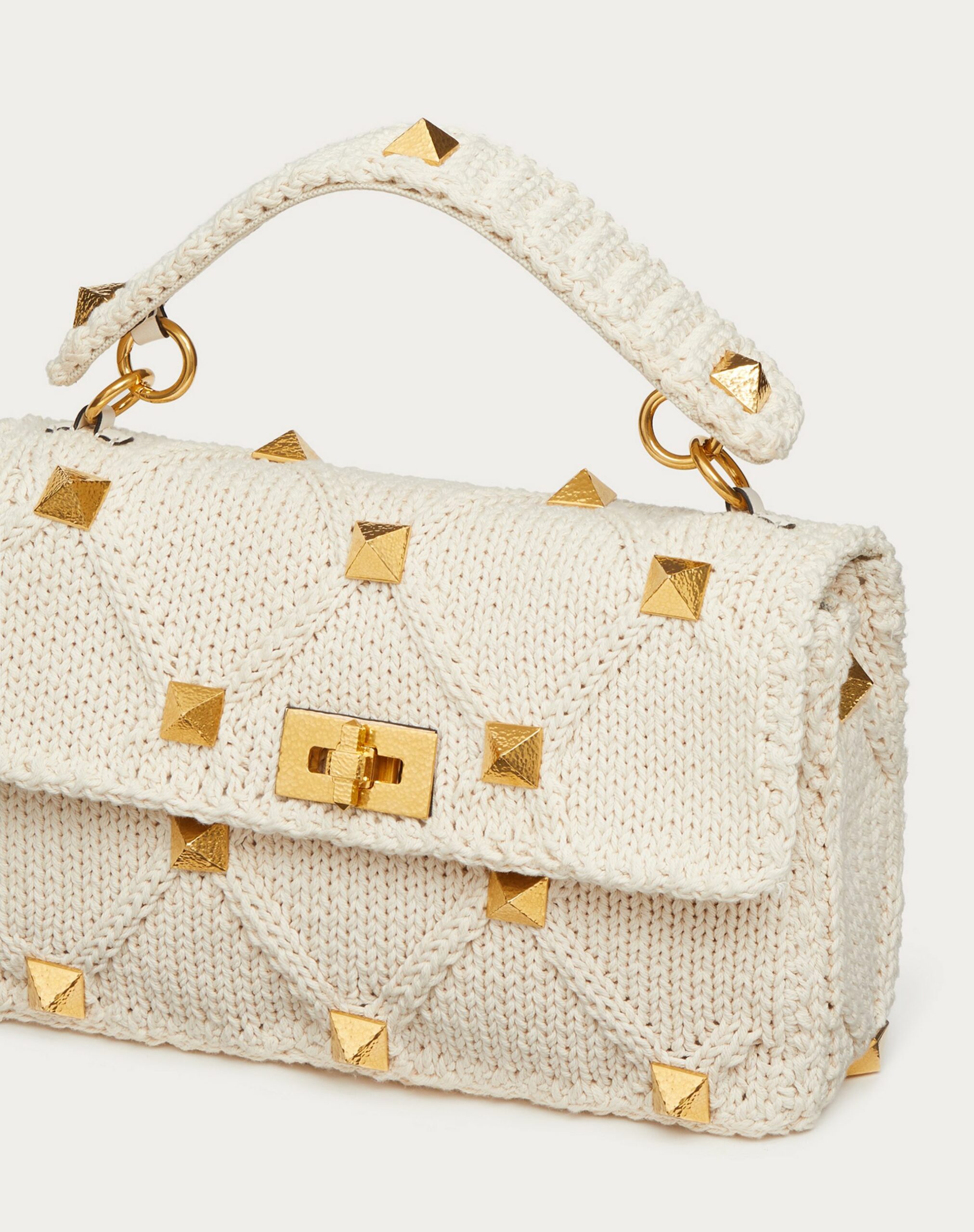 Valentino Large Roman Stud Knitted Bag With Chain Ecru’ (1W2B0I60ZDAE01)