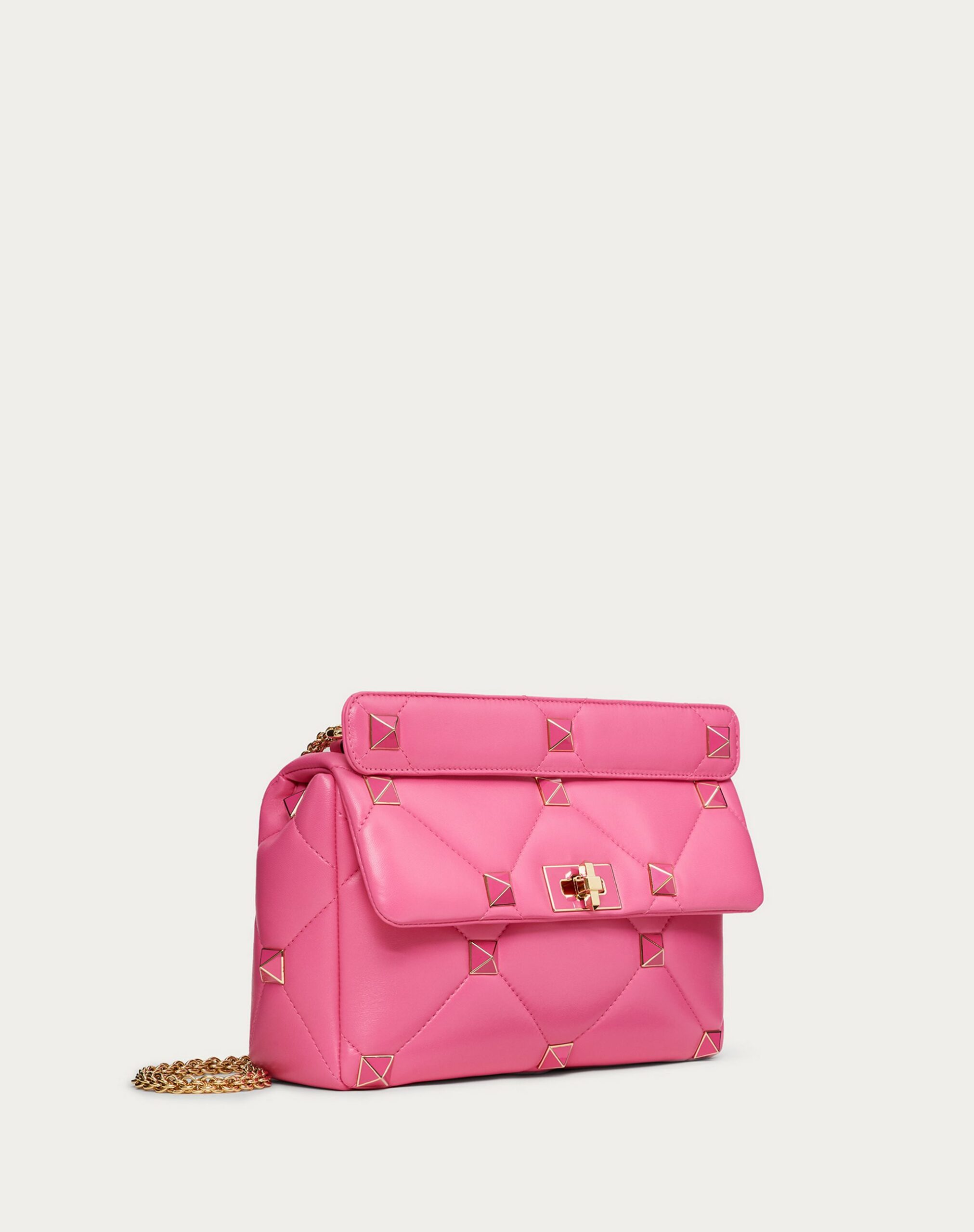 Valentino Large Roman Stud The Shoulder Bag In Nappa With Chain And Enamelled Studs Pink (XW2B0I60PTHHW4)