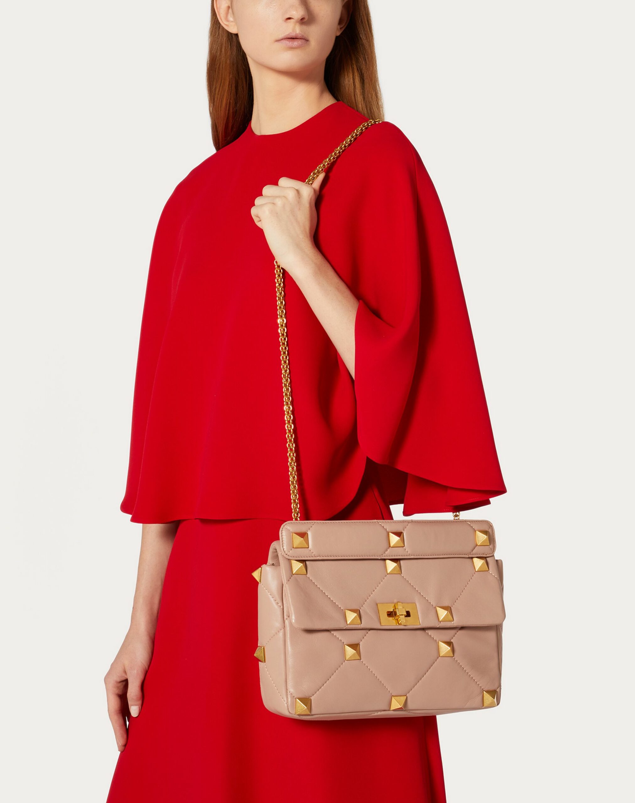 Valentino Large Roman Stud The Shoulder Bag In Nappa With Chain Rose Cannelle (1W2B0I60BSFGF9)