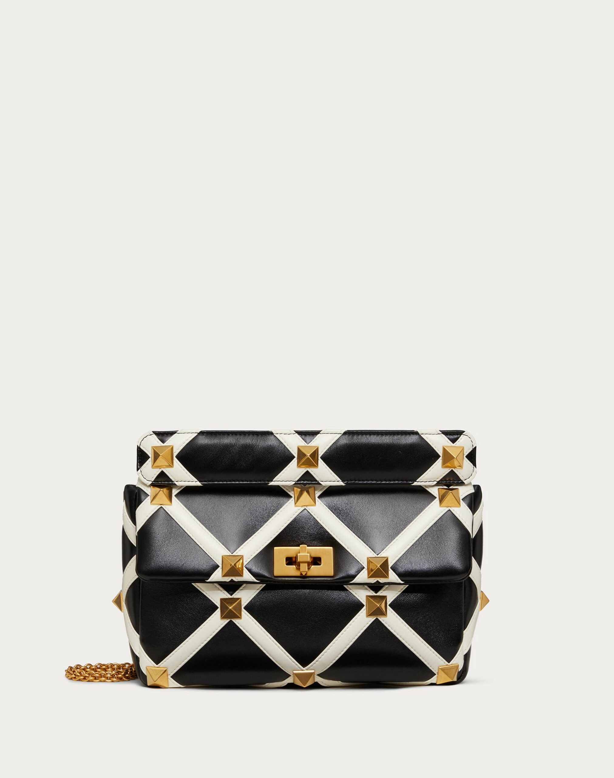 Valentino Large Roman Stud The Shoulder Bag In Nappa With Grid Detailing Black/ivory (WW0B0I60ZDF790)