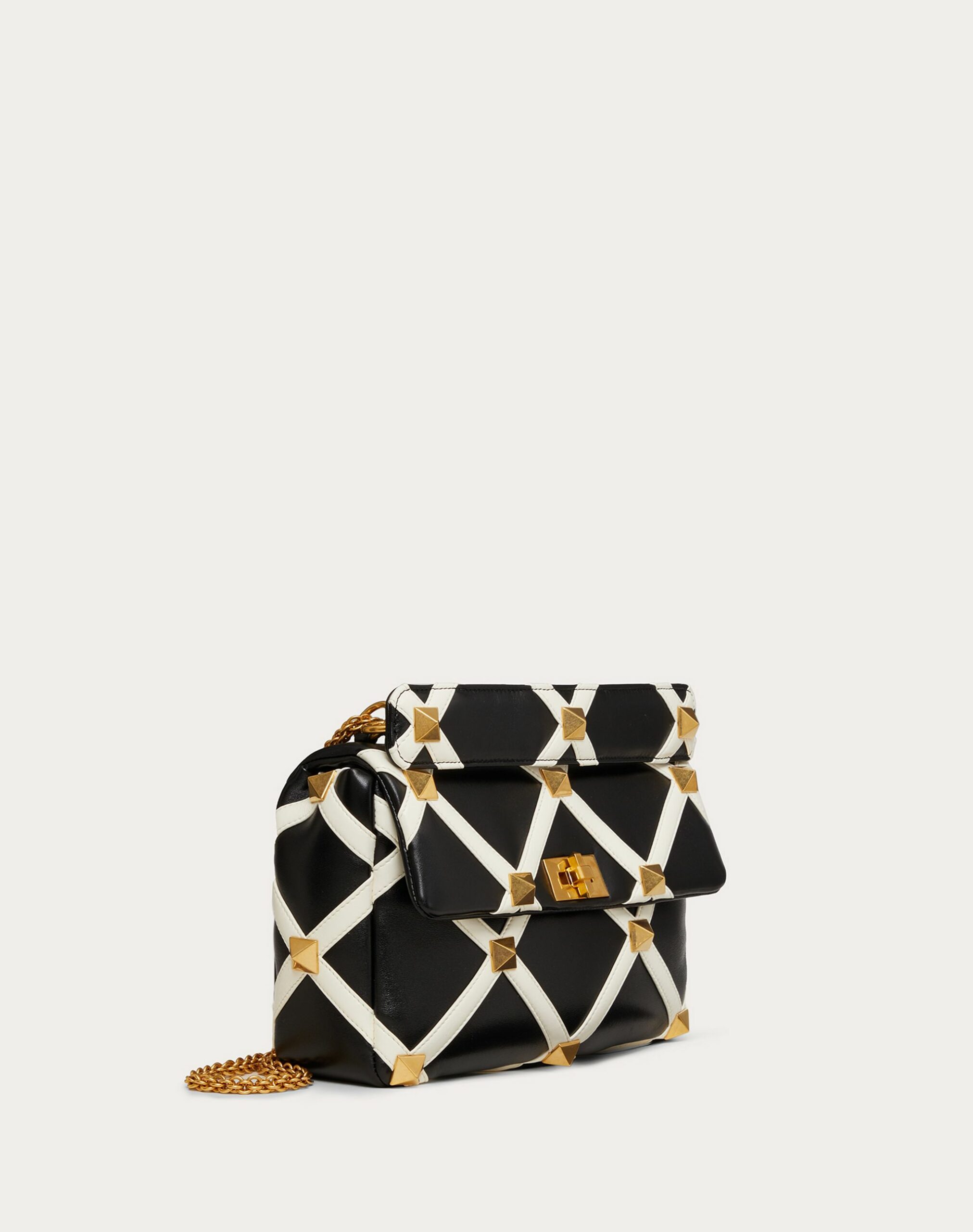 Valentino Large Roman Stud The Shoulder Bag In Nappa With Grid Detailing Black/ivory (WW0B0I60ZDF790)