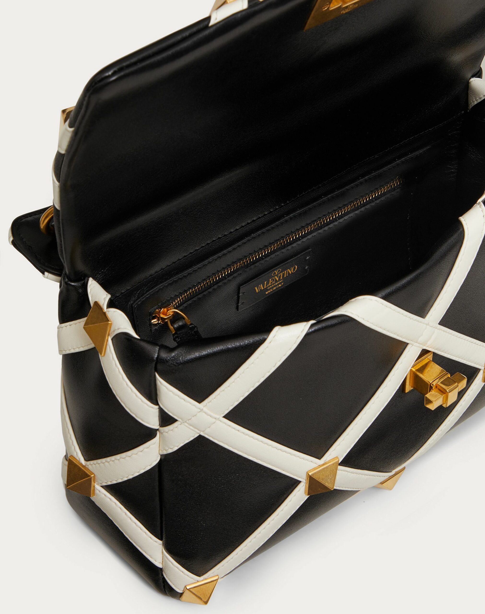 Valentino Large Roman Stud The Shoulder Bag In Nappa With Grid Detailing Black/ivory (WW0B0I60ZDF790)