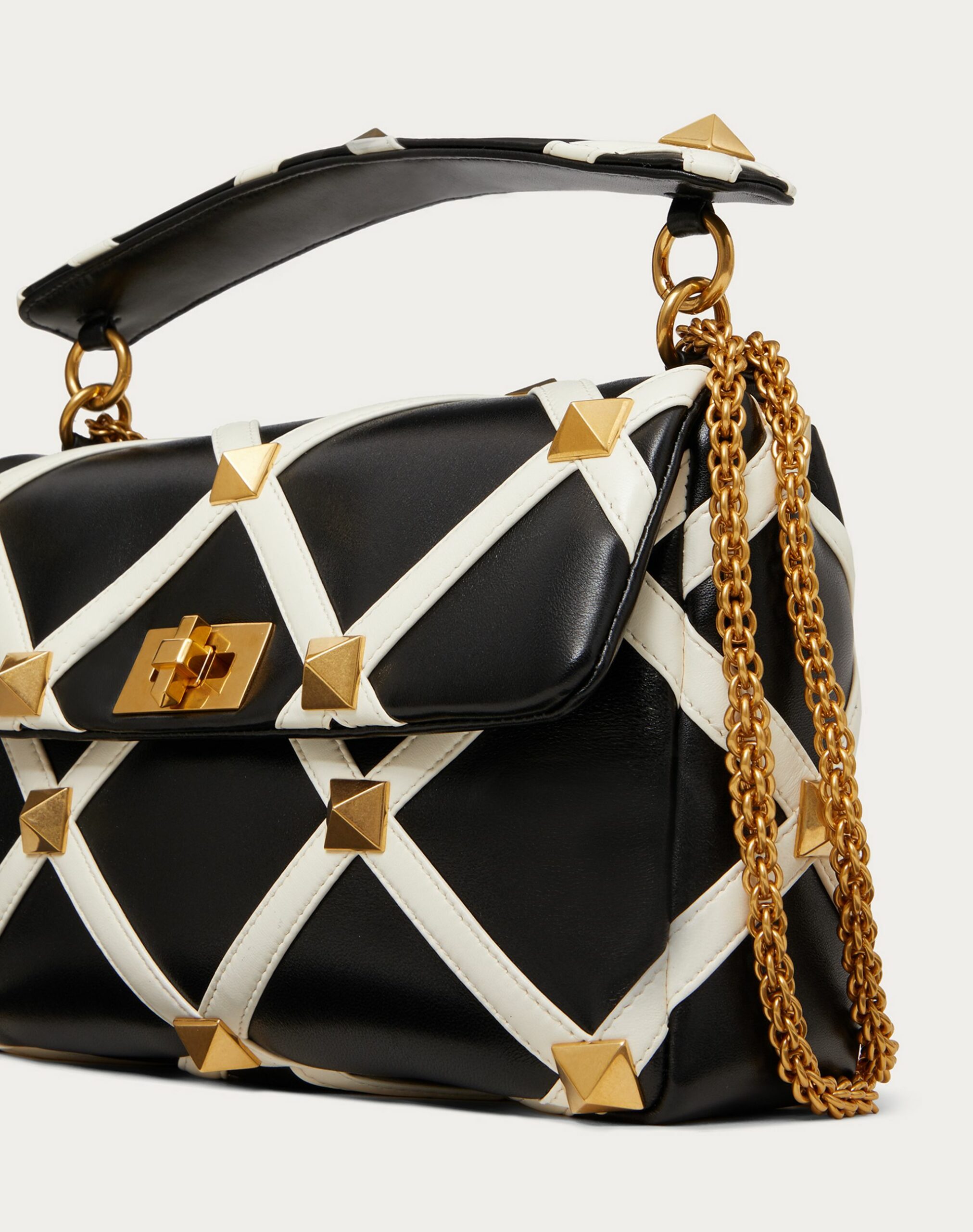 Valentino Large Roman Stud The Shoulder Bag In Nappa With Grid Detailing Black/ivory (WW0B0I60ZDF790)