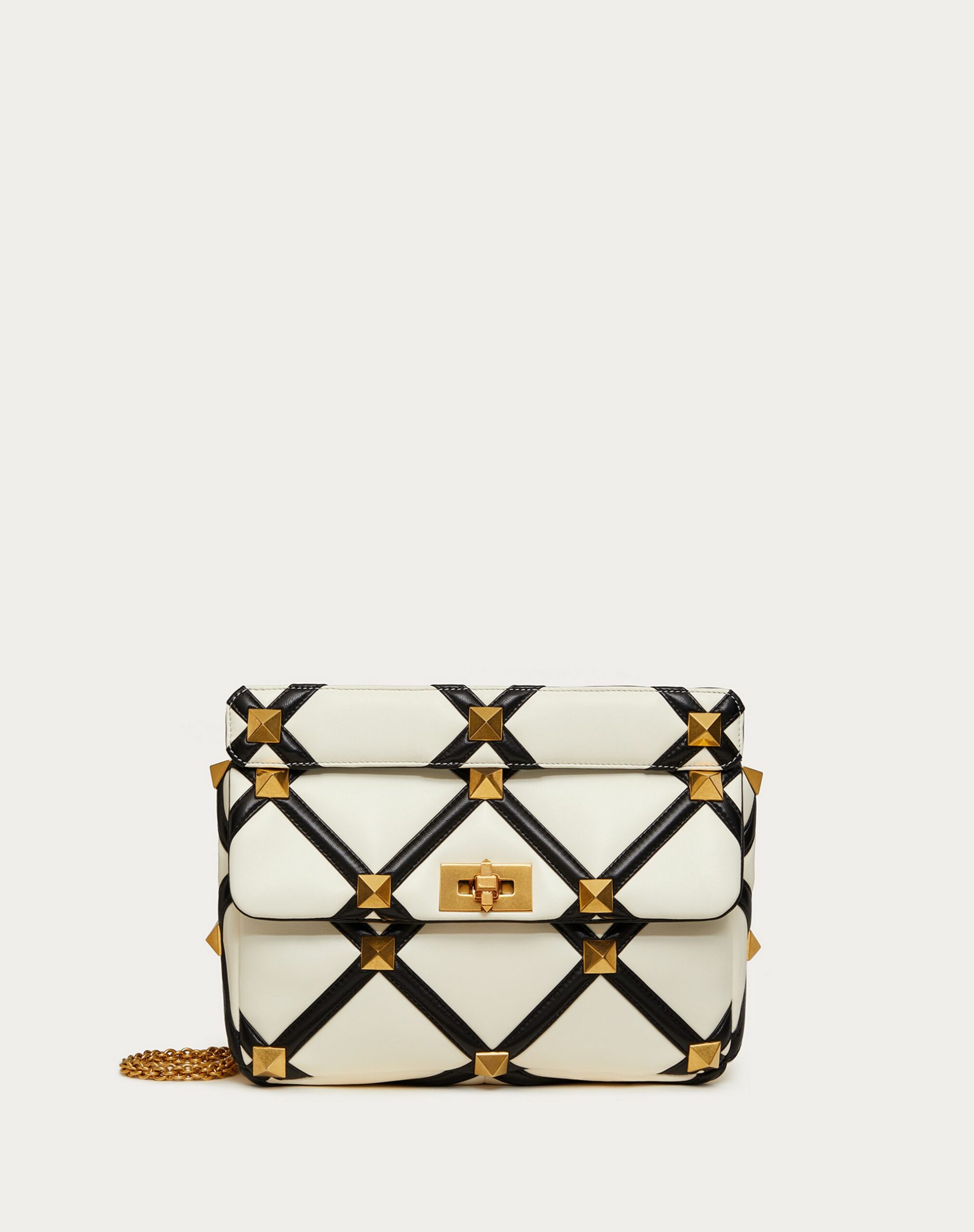 Valentino Large Roman Stud The Shoulder Bag In Nappa With Grid Detailing Ivory/black (WW0B0I60ZDFA81)