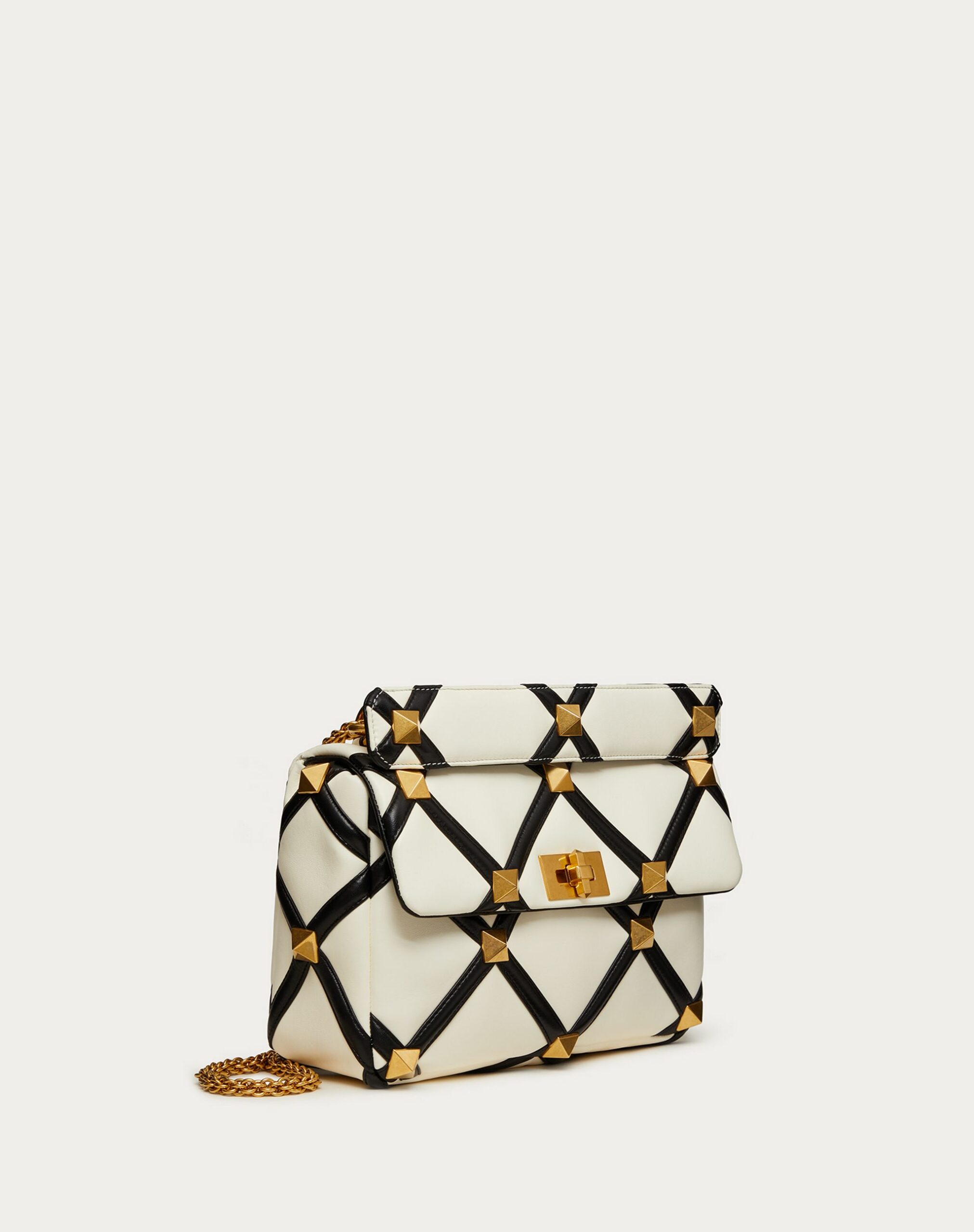 Valentino Large Roman Stud The Shoulder Bag In Nappa With Grid Detailing Ivory/black (WW0B0I60ZDFA81)