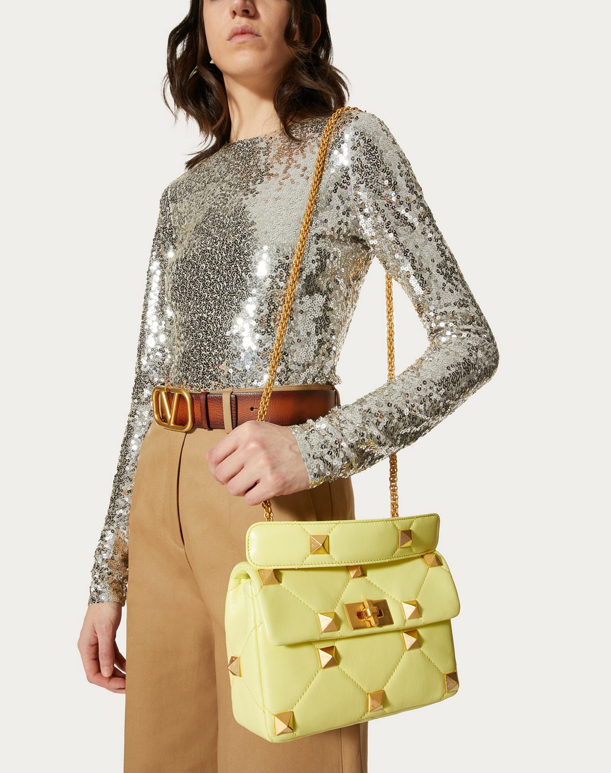 Valentino Medium Roman Stud The Shoulder Bag In Nappa With Chain Lime Sorbet (VW0B0I82BSFM20)