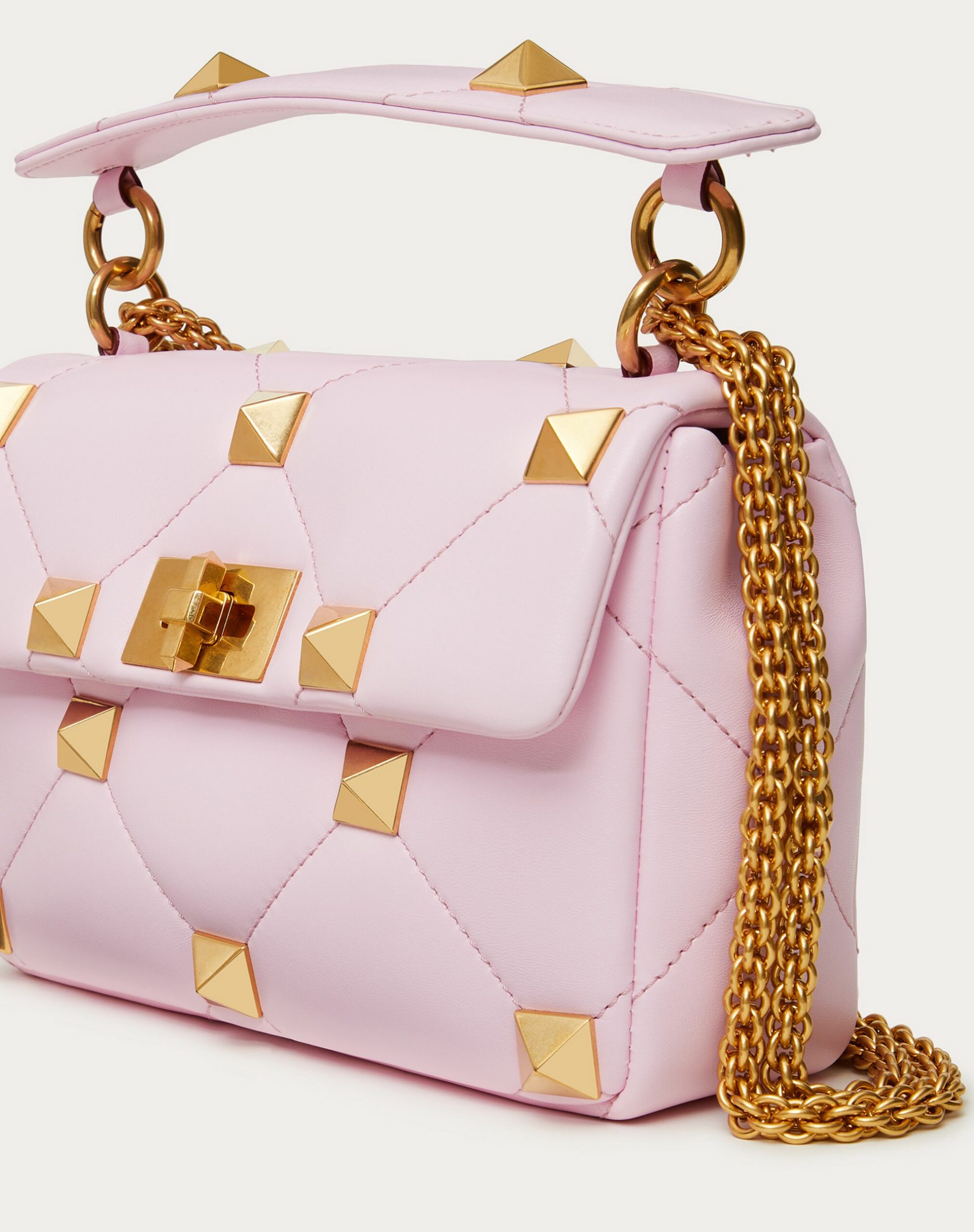 Valentino Medium Roman Stud The Shoulder Bag In Nappa With Chain Pink Borealis (WW2B0I82BSFM26)