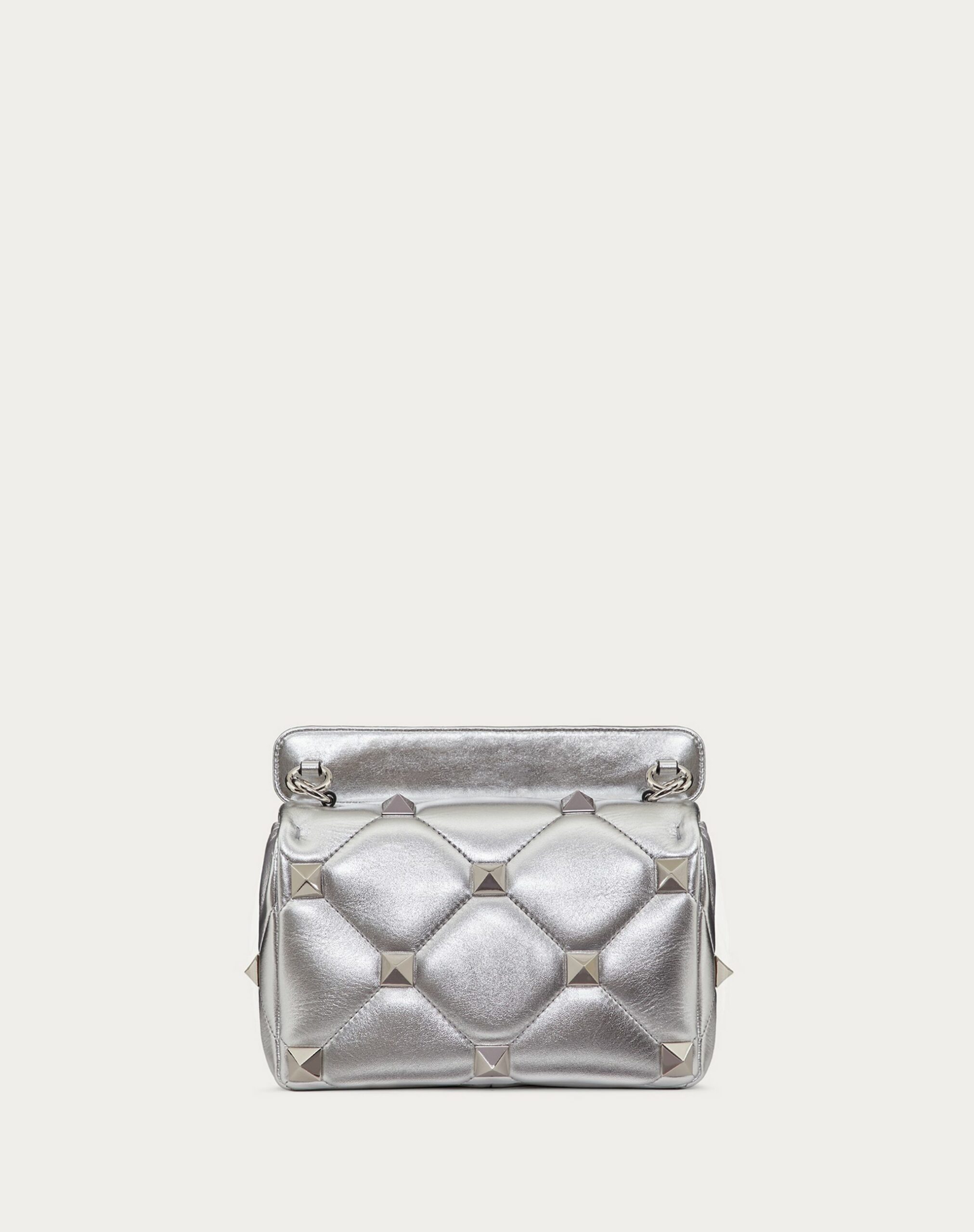 Valentino Medium Roman Stud The Shoulder Bag In Metallic Nappa With Chain Silver (XW2B0I82MIES13)