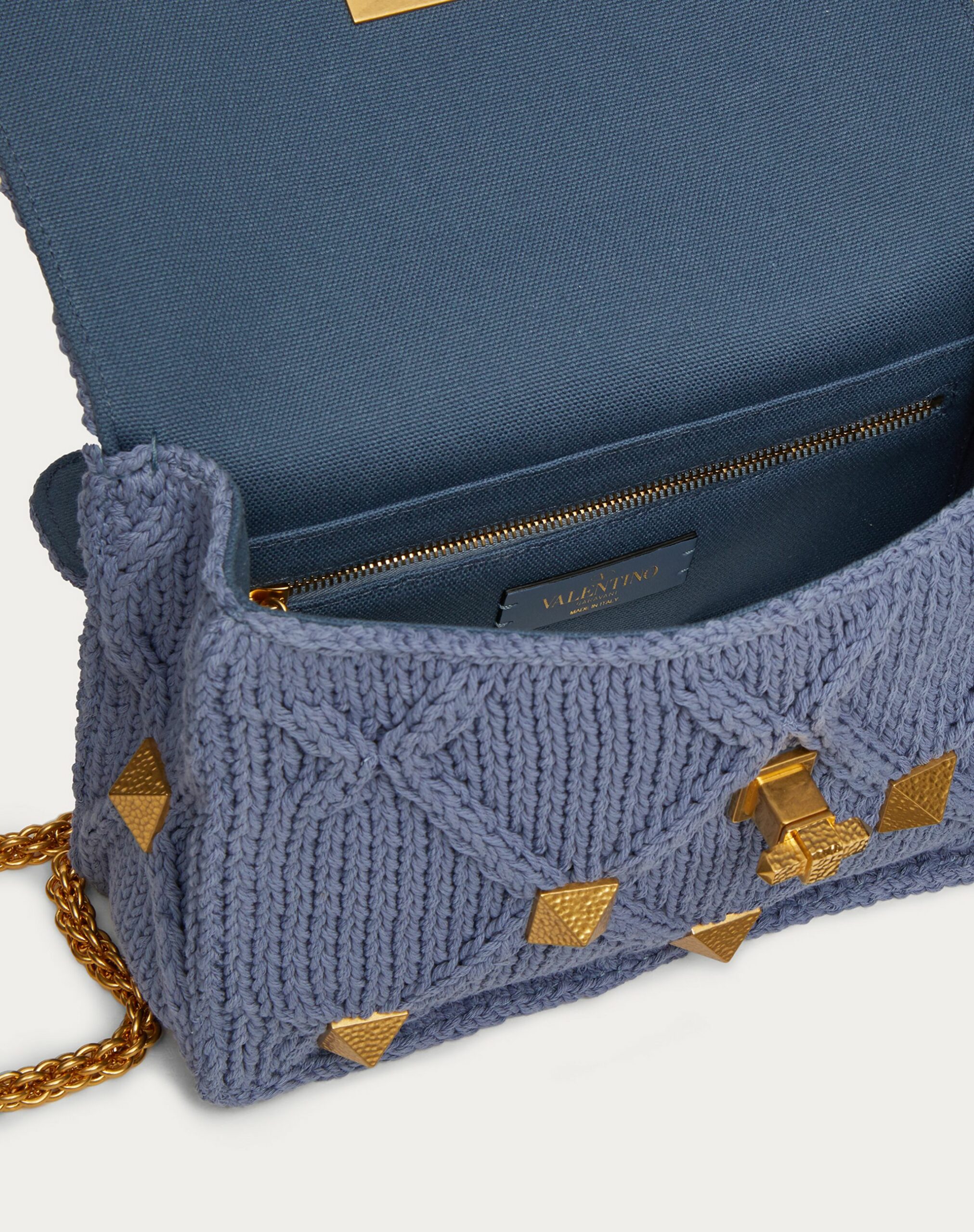 Valentino Medium Knitted Roman Stud The Shoulder Bag With Chain Azure (WW2B0I82ZDA56Y)