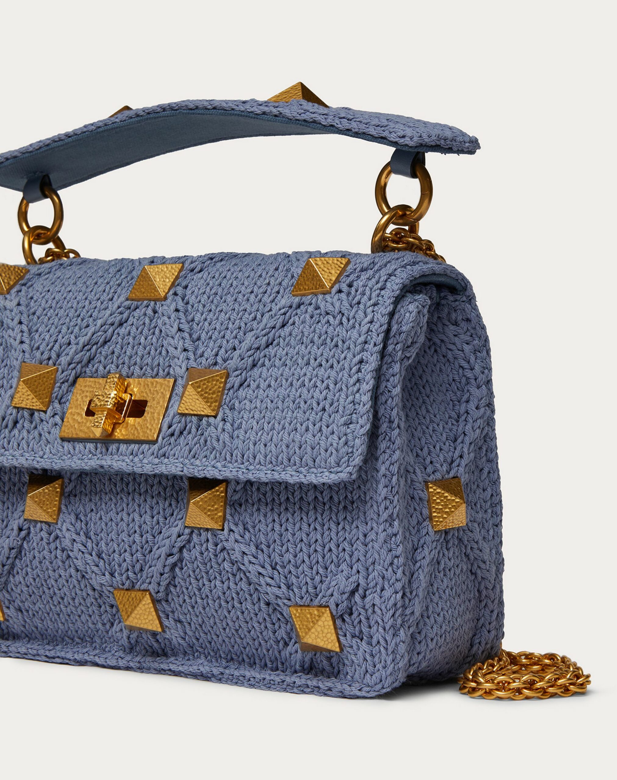 Valentino Medium Knitted Roman Stud The Shoulder Bag With Chain Azure (WW2B0I82ZDA56Y)