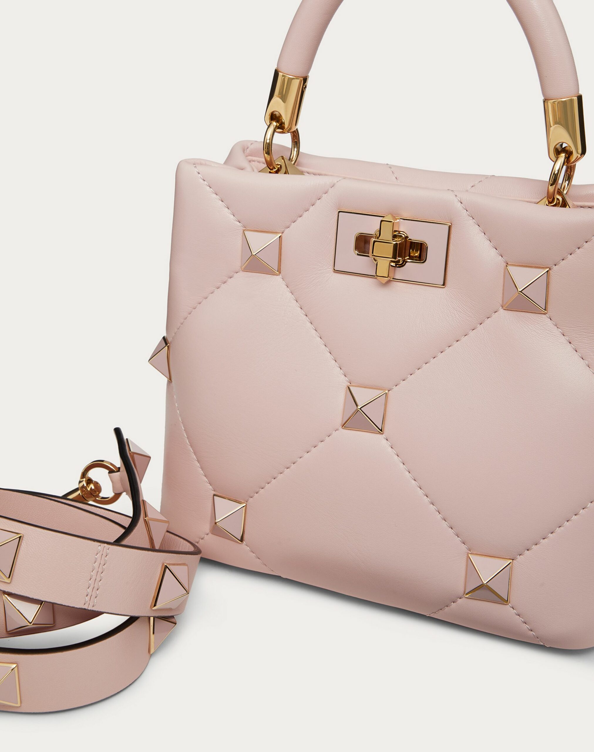 Valentino Small Roman Stud The Handle Bag In Nappa With Enamelled Studs Rose Quartz (XW2B0I97PTH16Q)