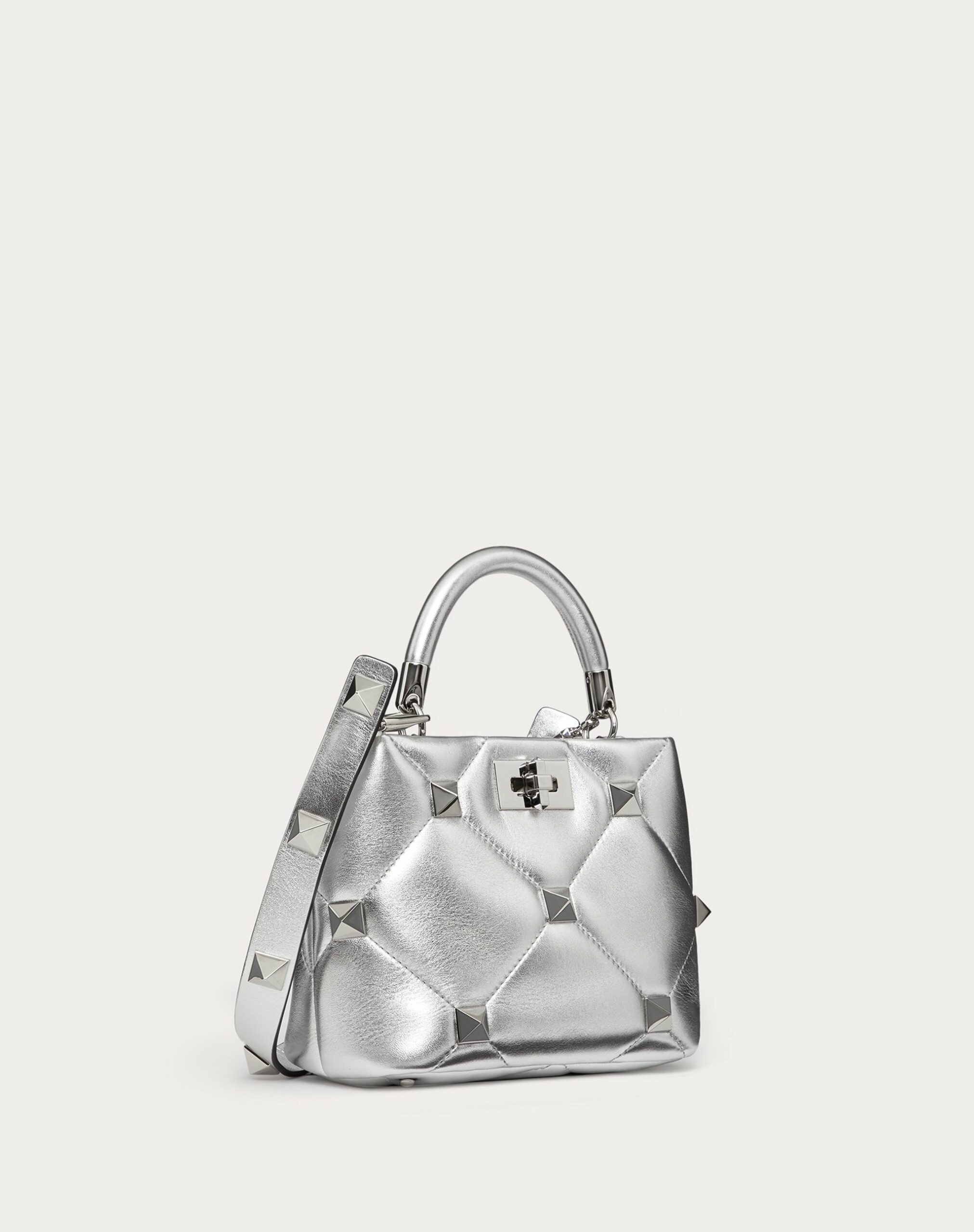 Valentino Small Roman Stud The Handle Bag In Metallic Nappa Silver (XW2B0I97MIES13)