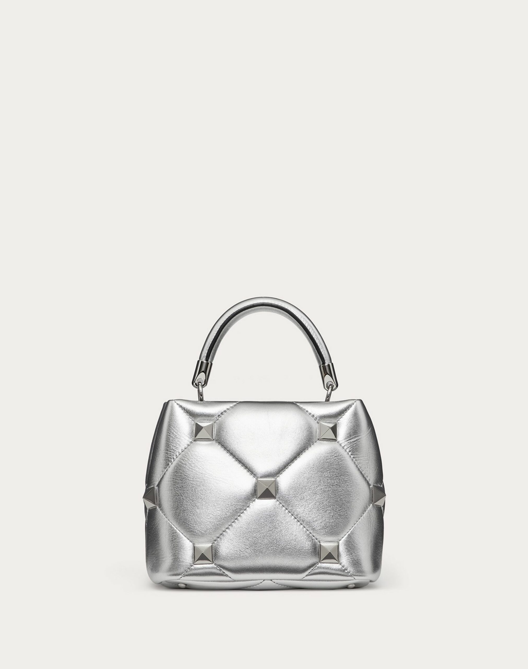 Valentino Small Roman Stud The Handle Bag In Metallic Nappa Silver (XW2B0I97MIES13)