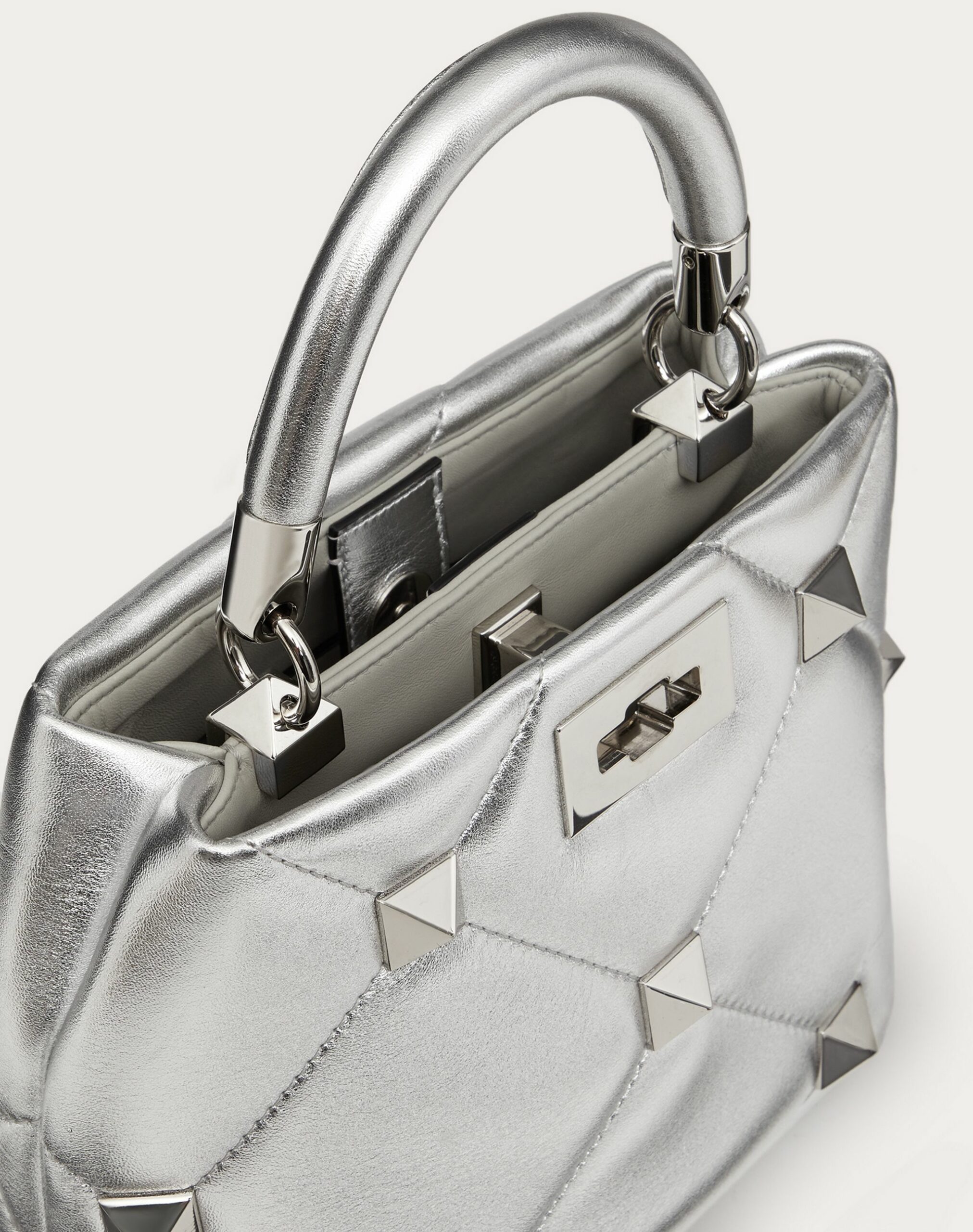 Valentino Small Roman Stud The Handle Bag In Metallic Nappa Silver (XW2B0I97MIES13)