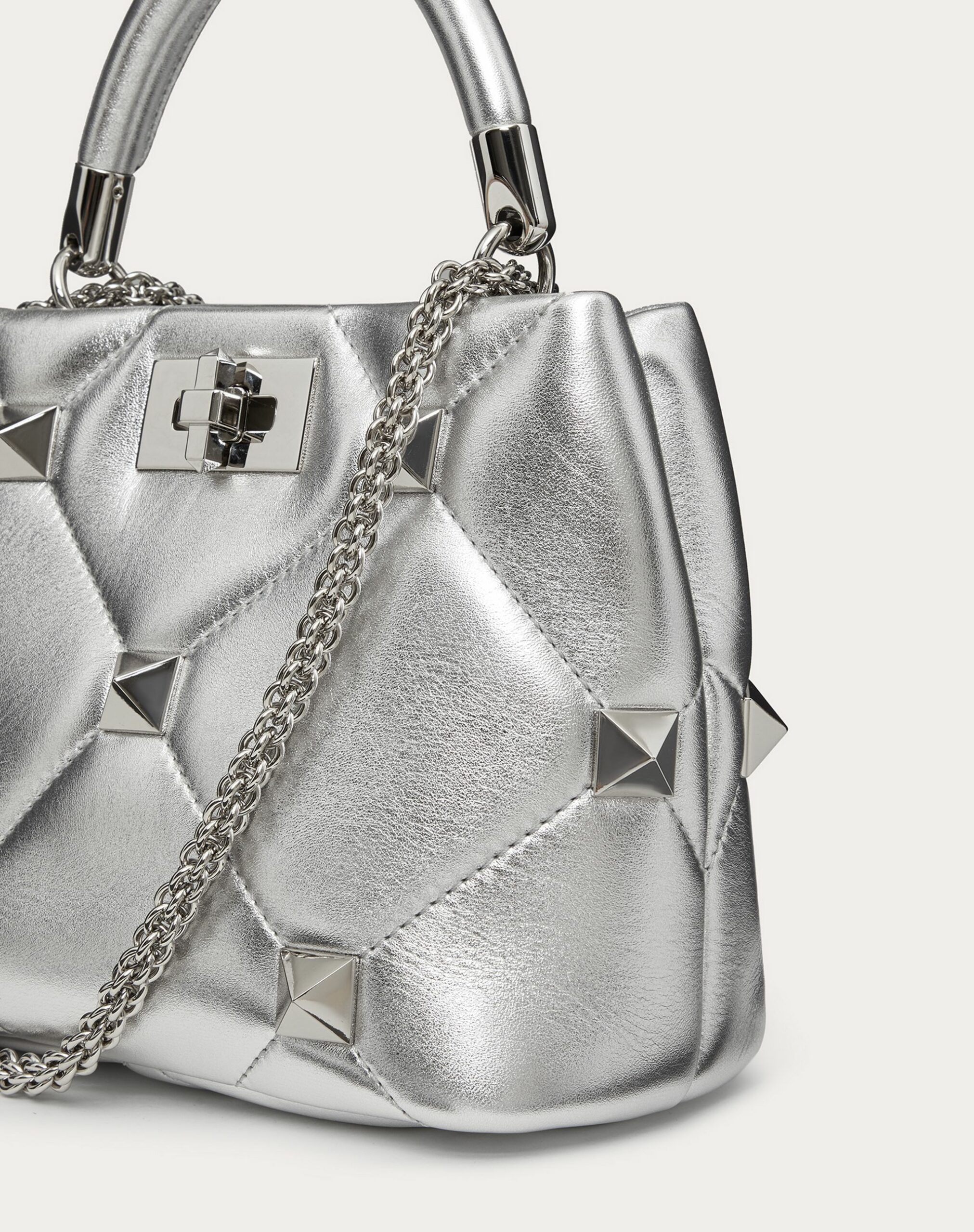 Valentino Small Roman Stud The Handle Bag In Metallic Nappa Silver (XW2B0I97MIES13)