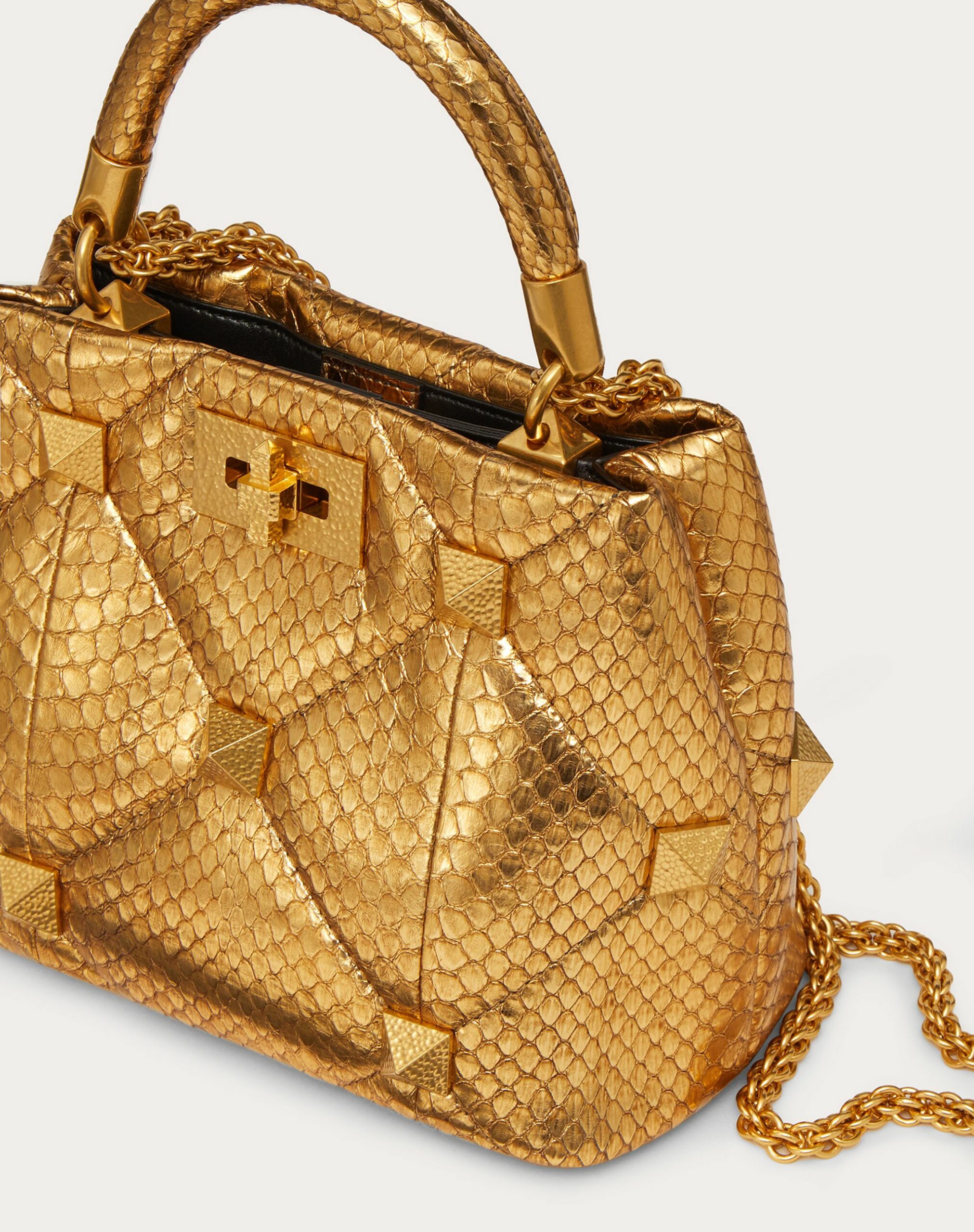 Valentino Small Roman Stud The Handle Bag In Metallic Snakeskin Antique Brass (WW2B0I97ZQCKM5)