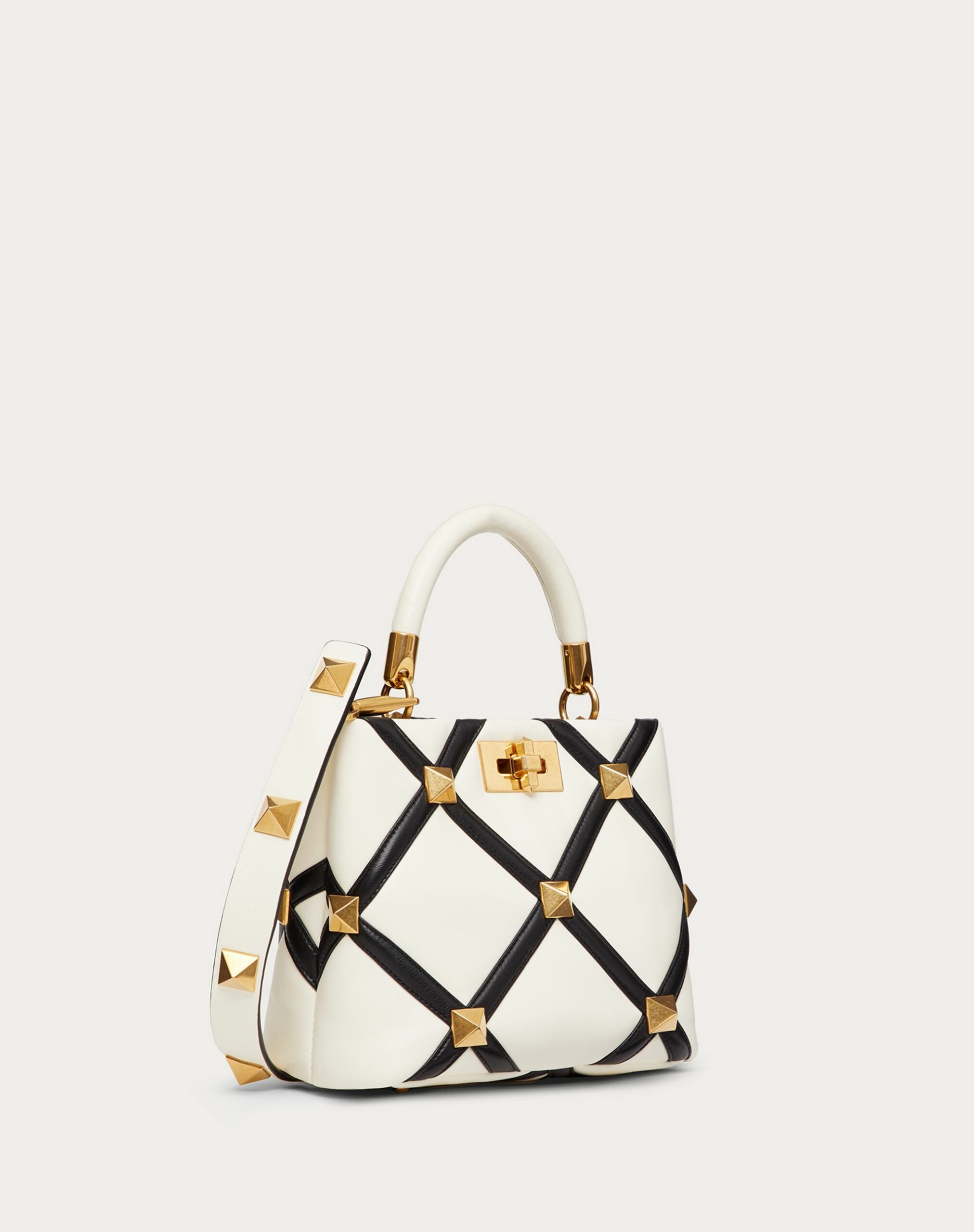 Valentino Small Roman Stud The Handle Bag In Nappa With Grid Detailing Ivory/black (WW0B0I97ZDFA81)