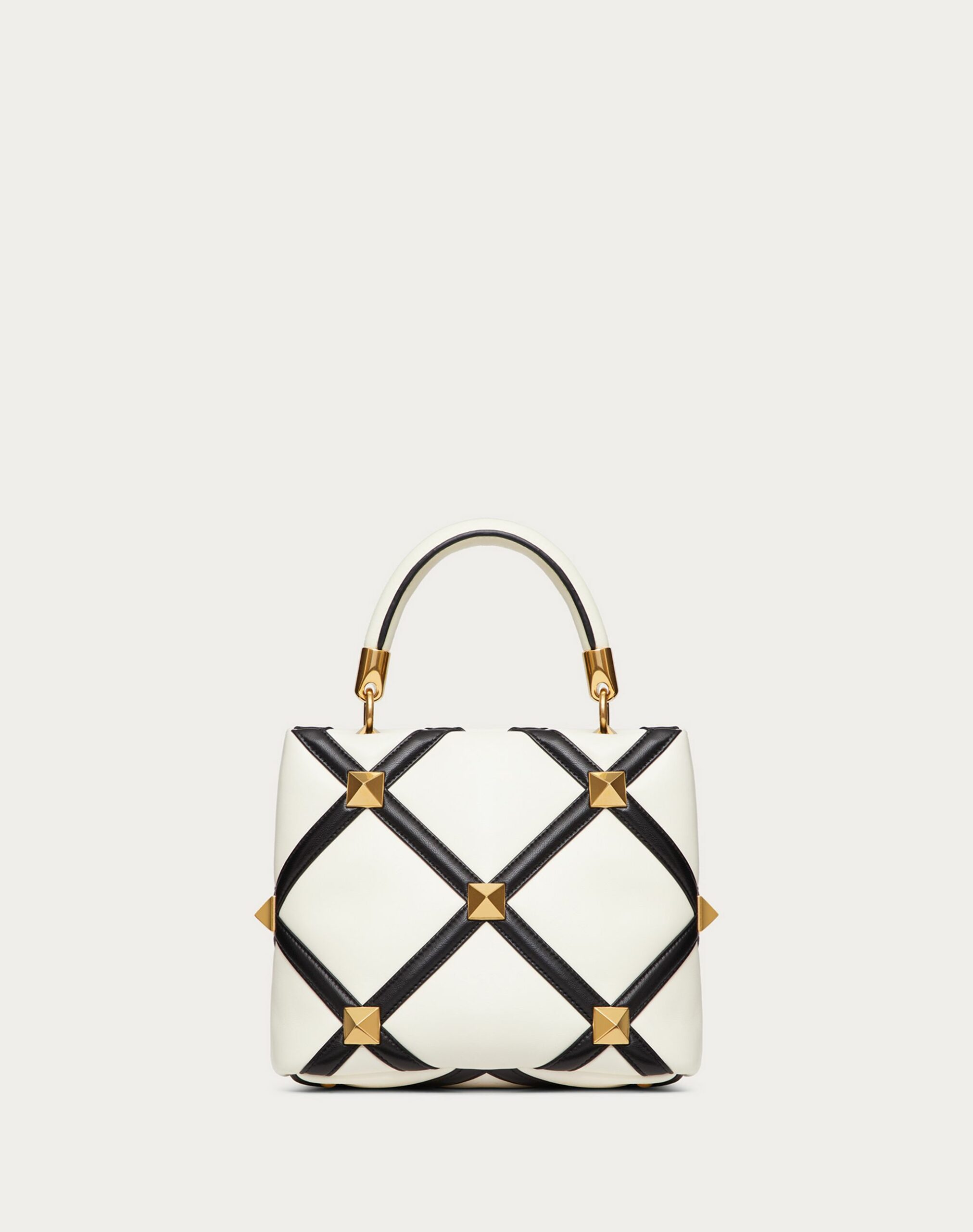 Valentino Small Roman Stud The Handle Bag In Nappa With Grid Detailing Ivory/black (WW0B0I97ZDFA81)