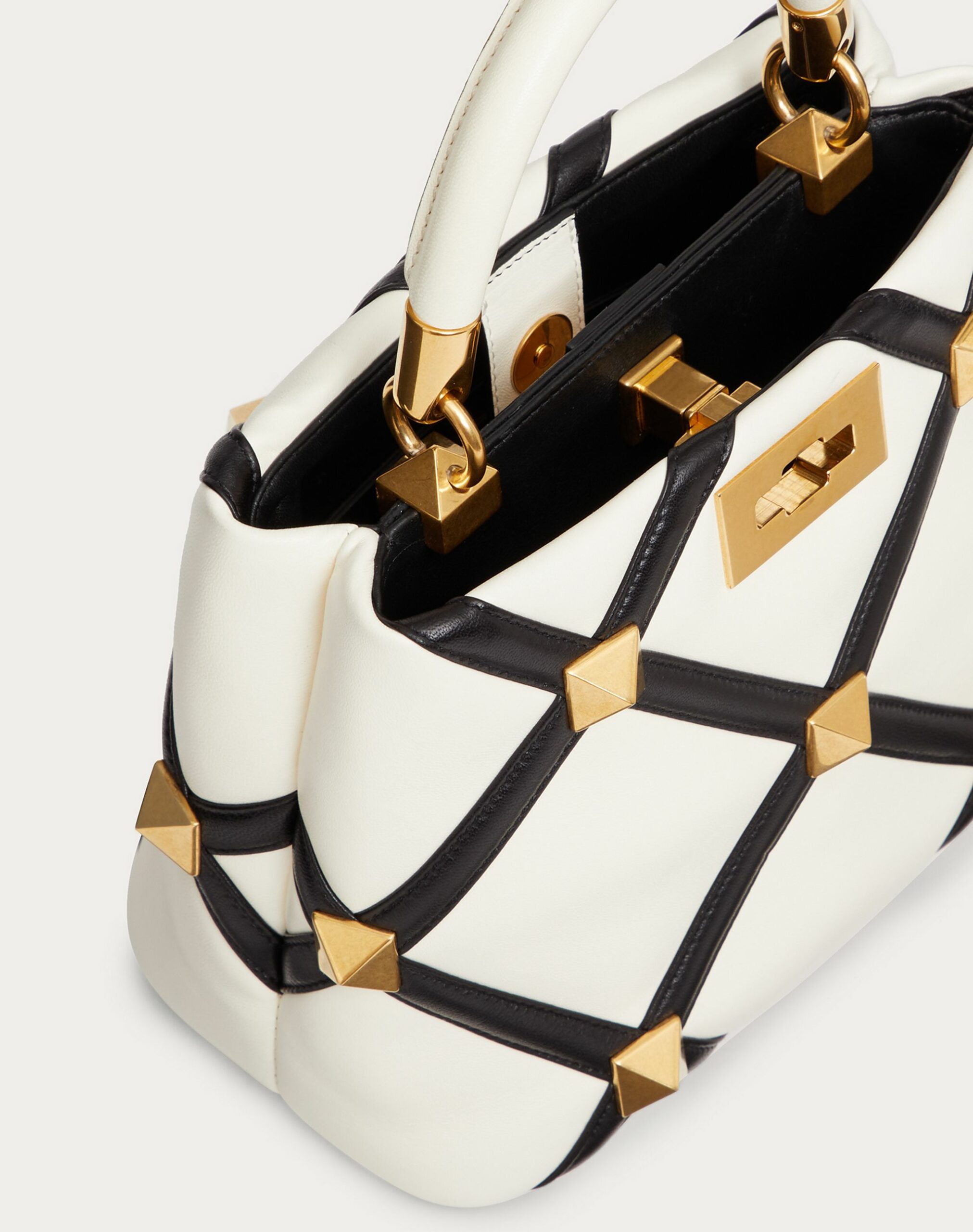 Valentino Small Roman Stud The Handle Bag In Nappa With Grid Detailing Ivory/black (WW0B0I97ZDFA81)