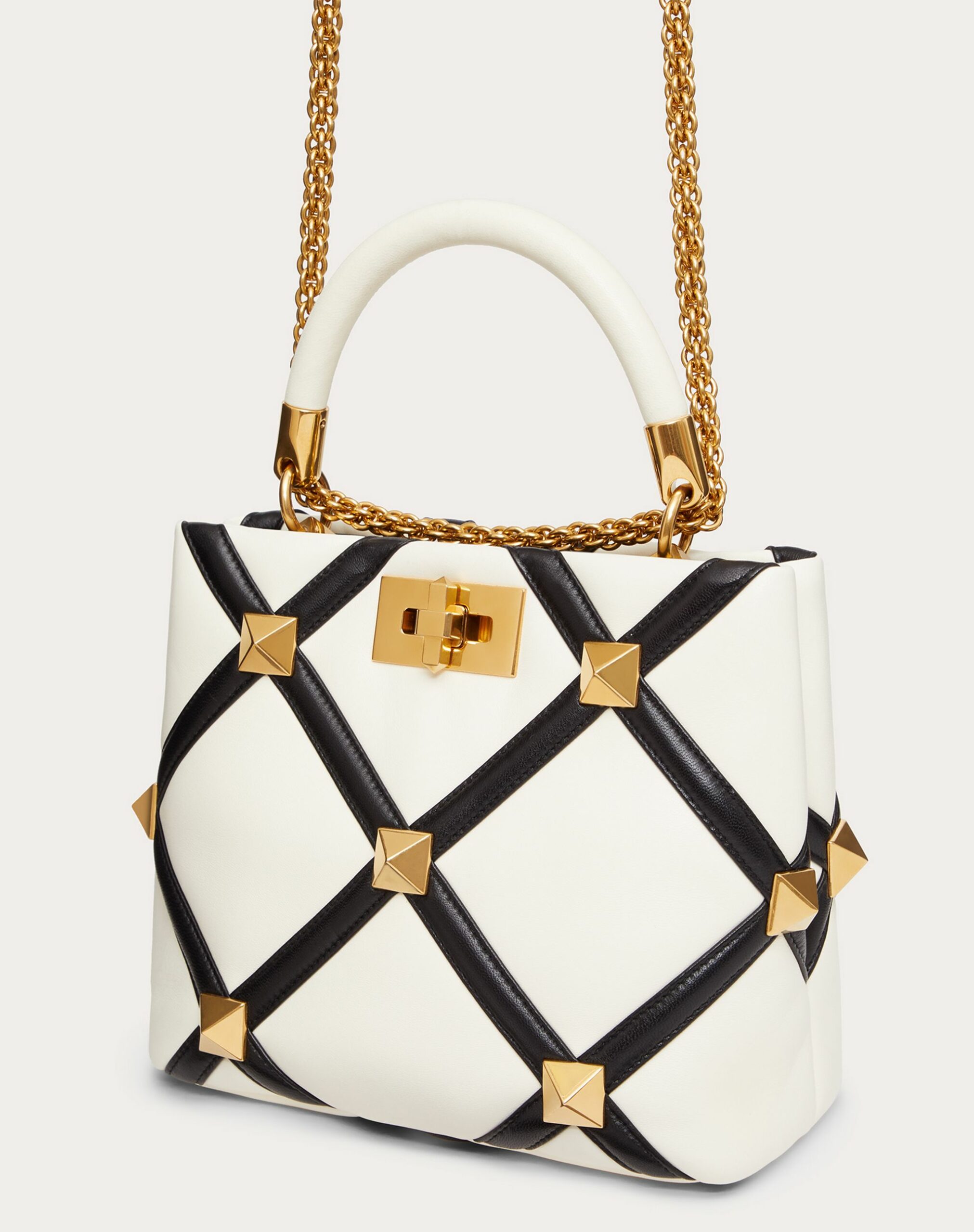 Valentino Small Roman Stud The Handle Bag In Nappa With Grid Detailing Ivory/black (WW0B0I97ZDFA81)