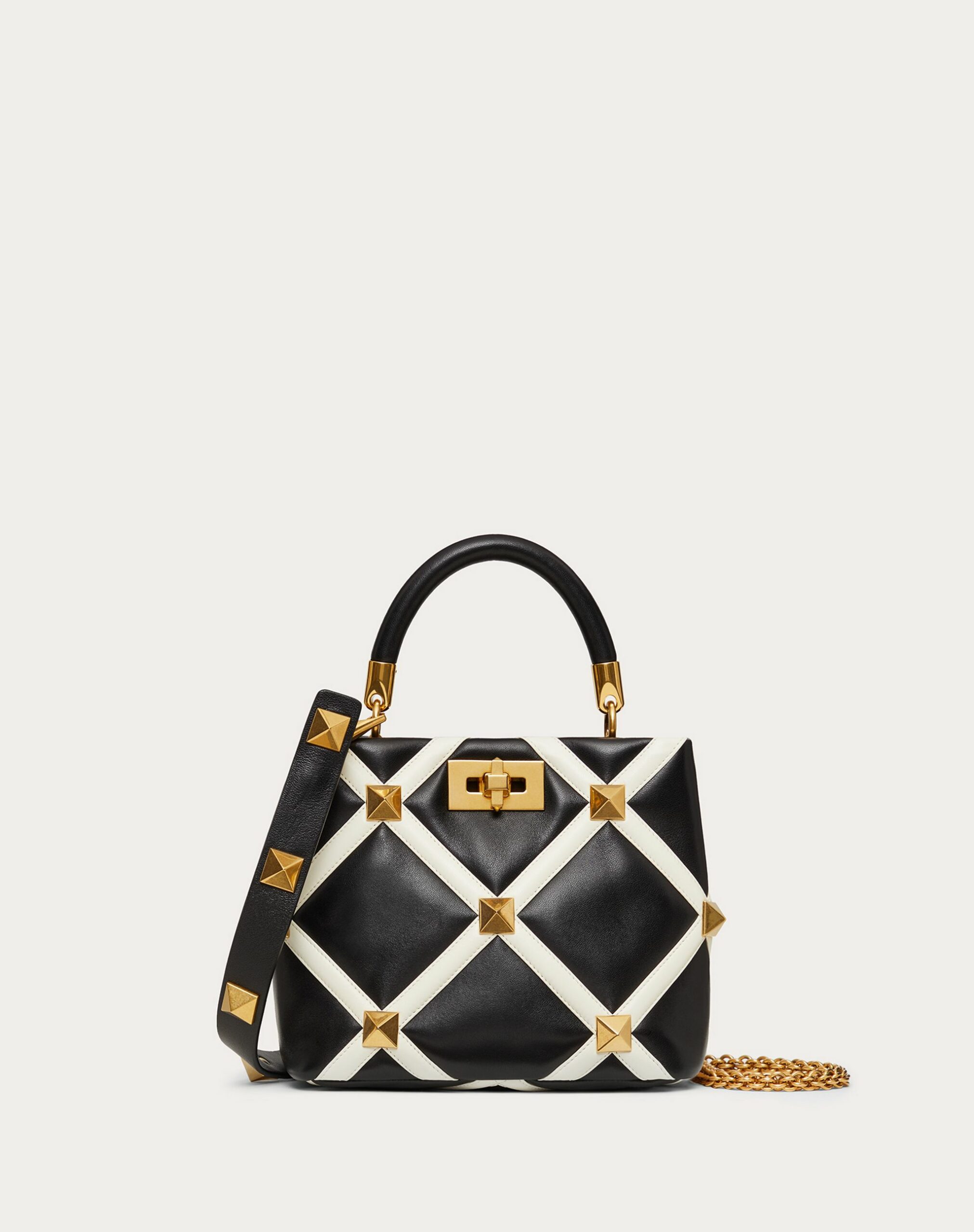 Valentino Small Roman Stud The Handle Bag In Nappa With Grid Detailing Black/ivory (WW0B0I97ZDF790)