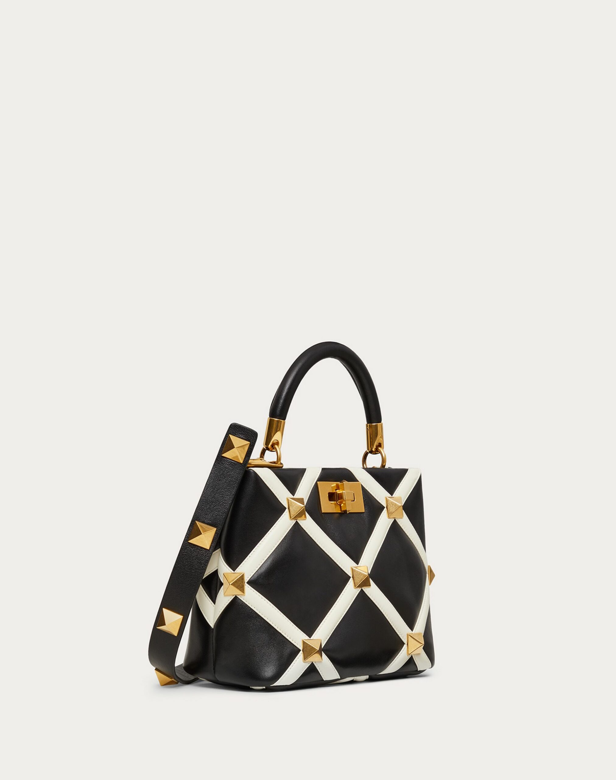 Valentino Small Roman Stud The Handle Bag In Nappa With Grid Detailing Black/ivory (WW0B0I97ZDF790)