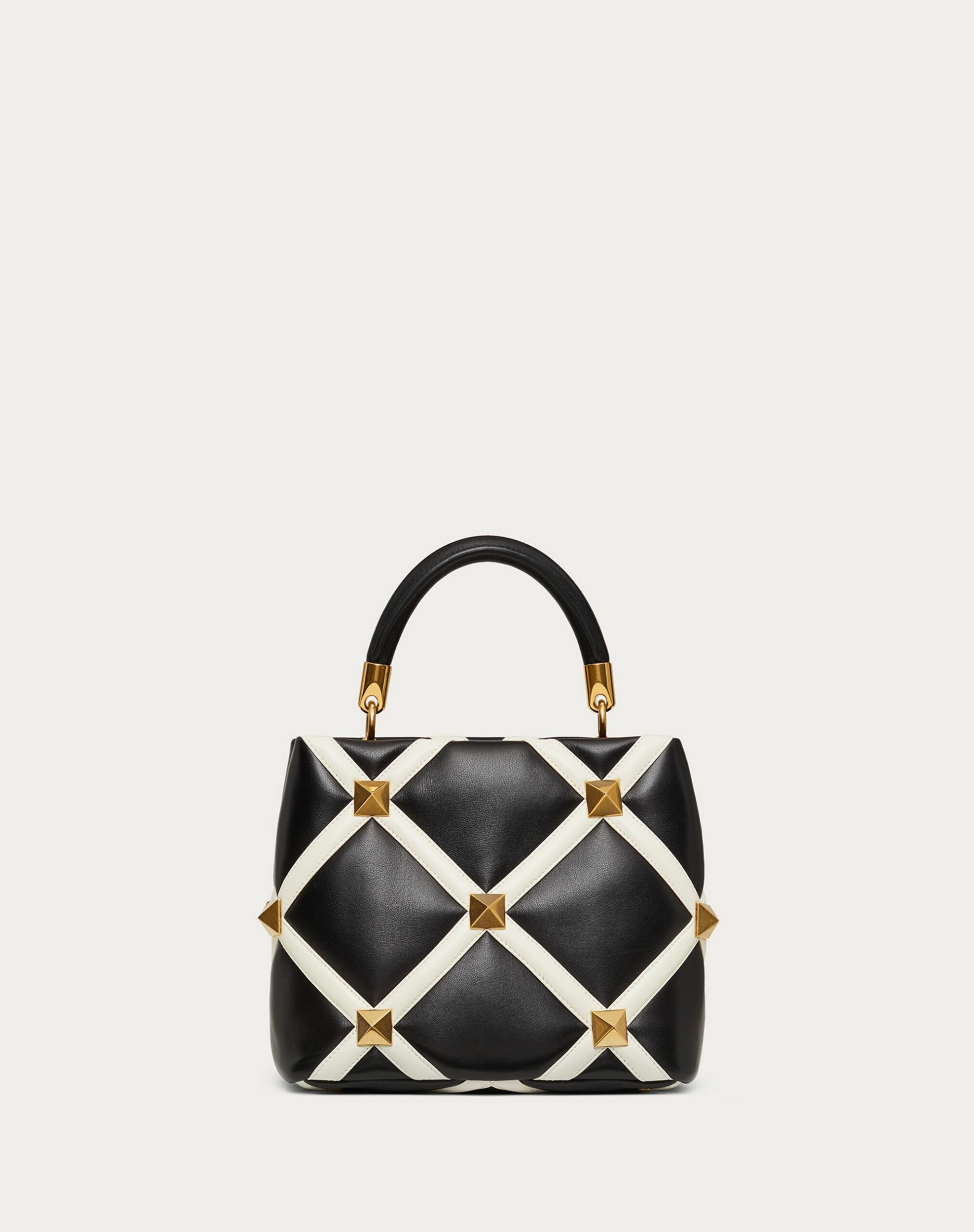 Valentino Small Roman Stud The Handle Bag In Nappa With Grid Detailing Black/ivory (WW0B0I97ZDF790)