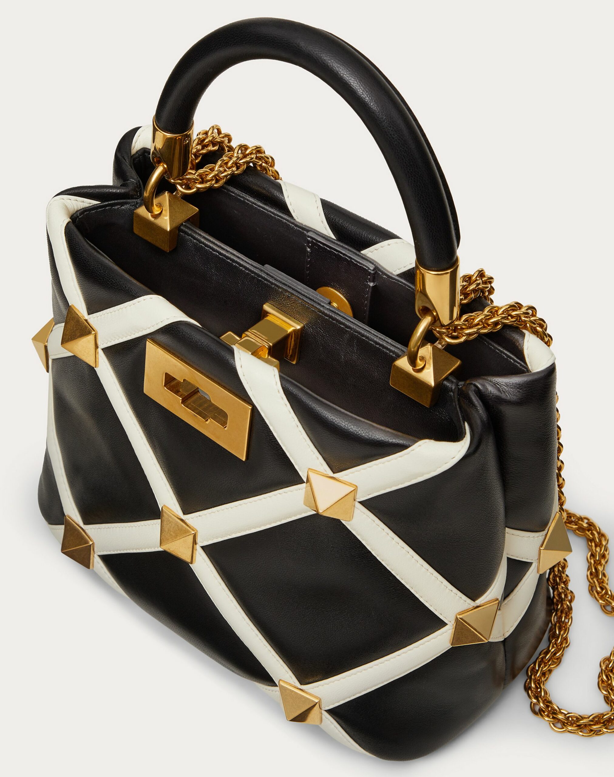 Valentino Small Roman Stud The Handle Bag In Nappa With Grid Detailing Black/ivory (WW0B0I97ZDF790)