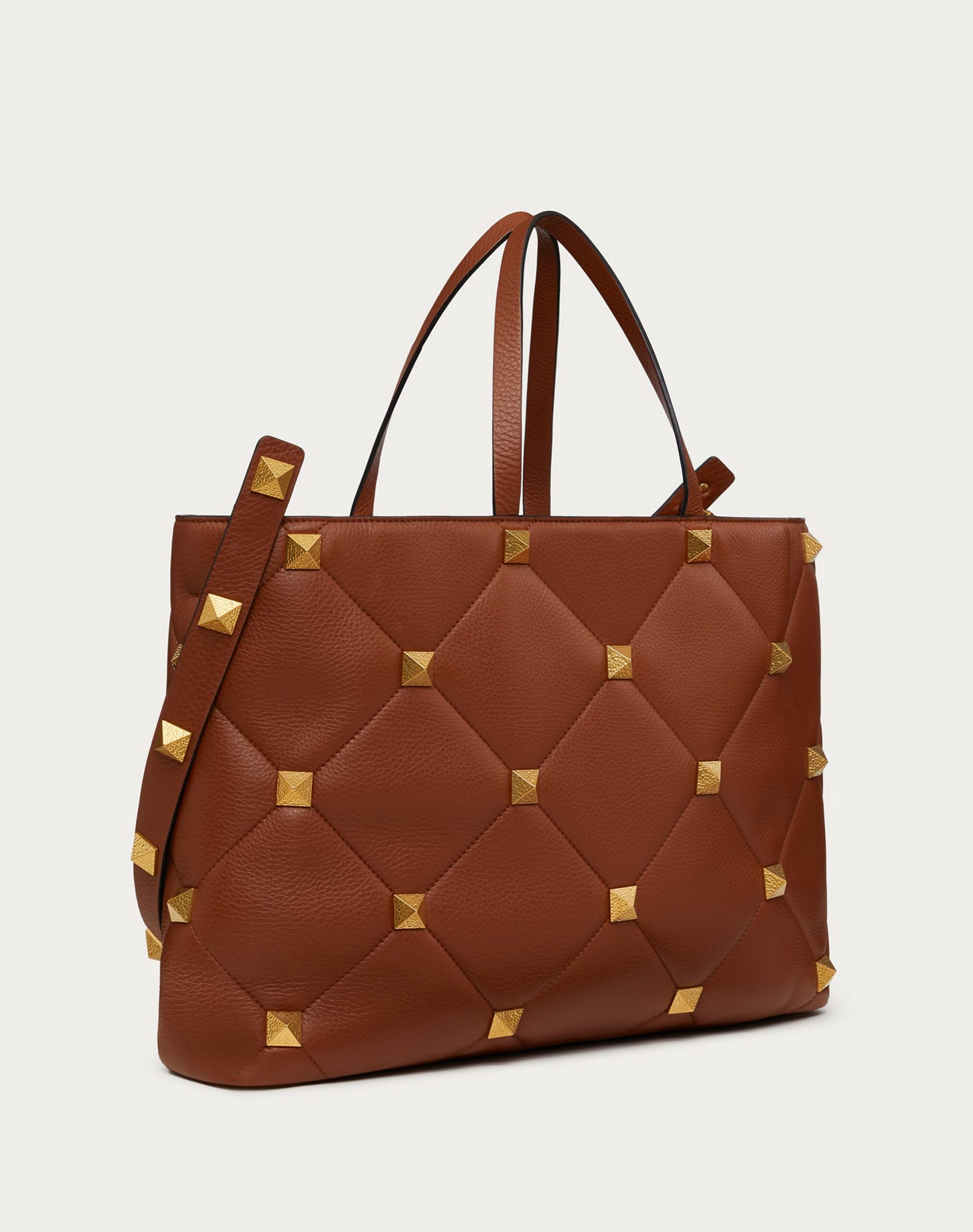 Valentino Large Roman Stud The Tote In Grainy Calfskin Saddle Brown (XW2B0K00UKIHG5)