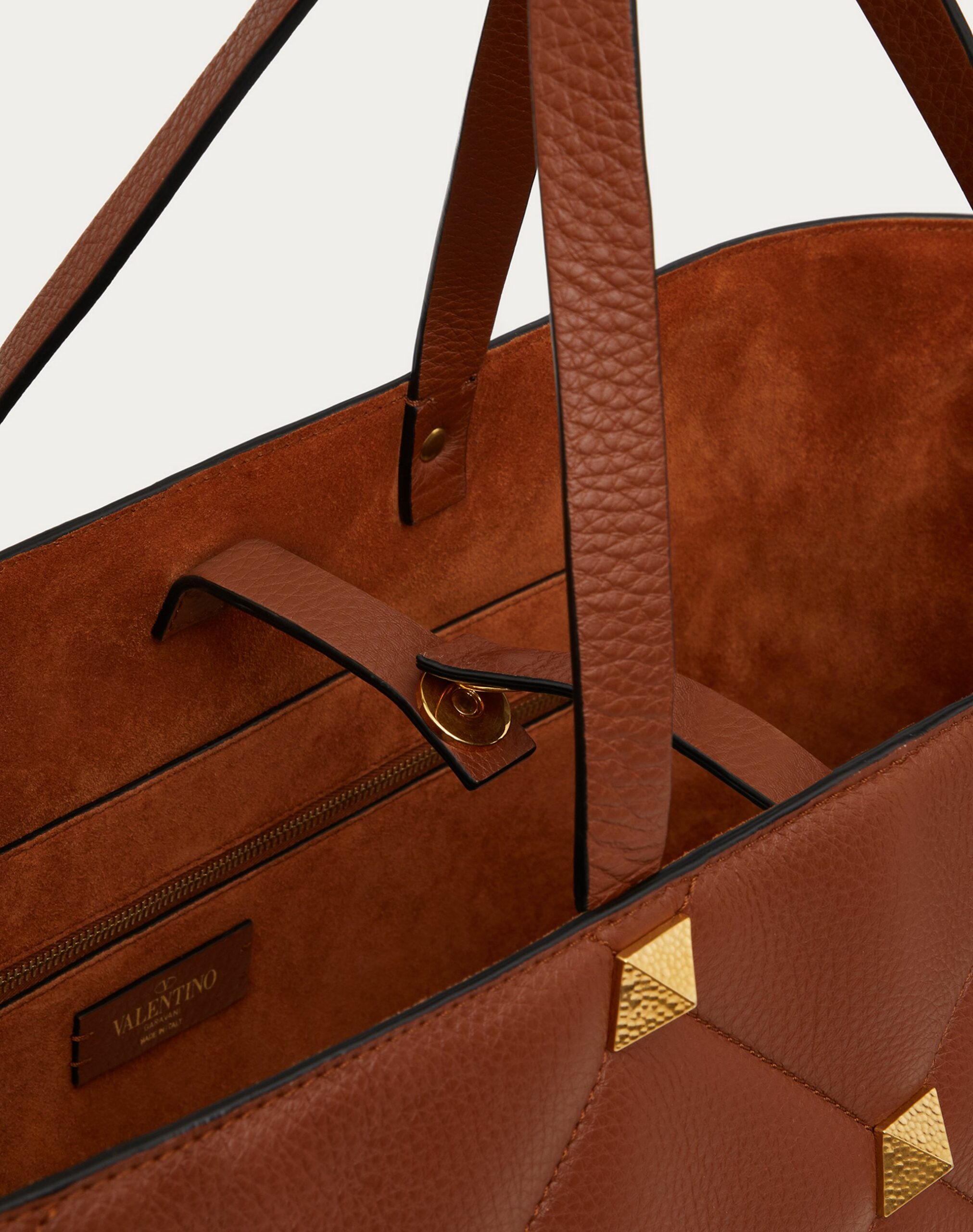 Valentino Large Roman Stud The Tote In Grainy Calfskin Saddle Brown (XW2B0K00UKIHG5)