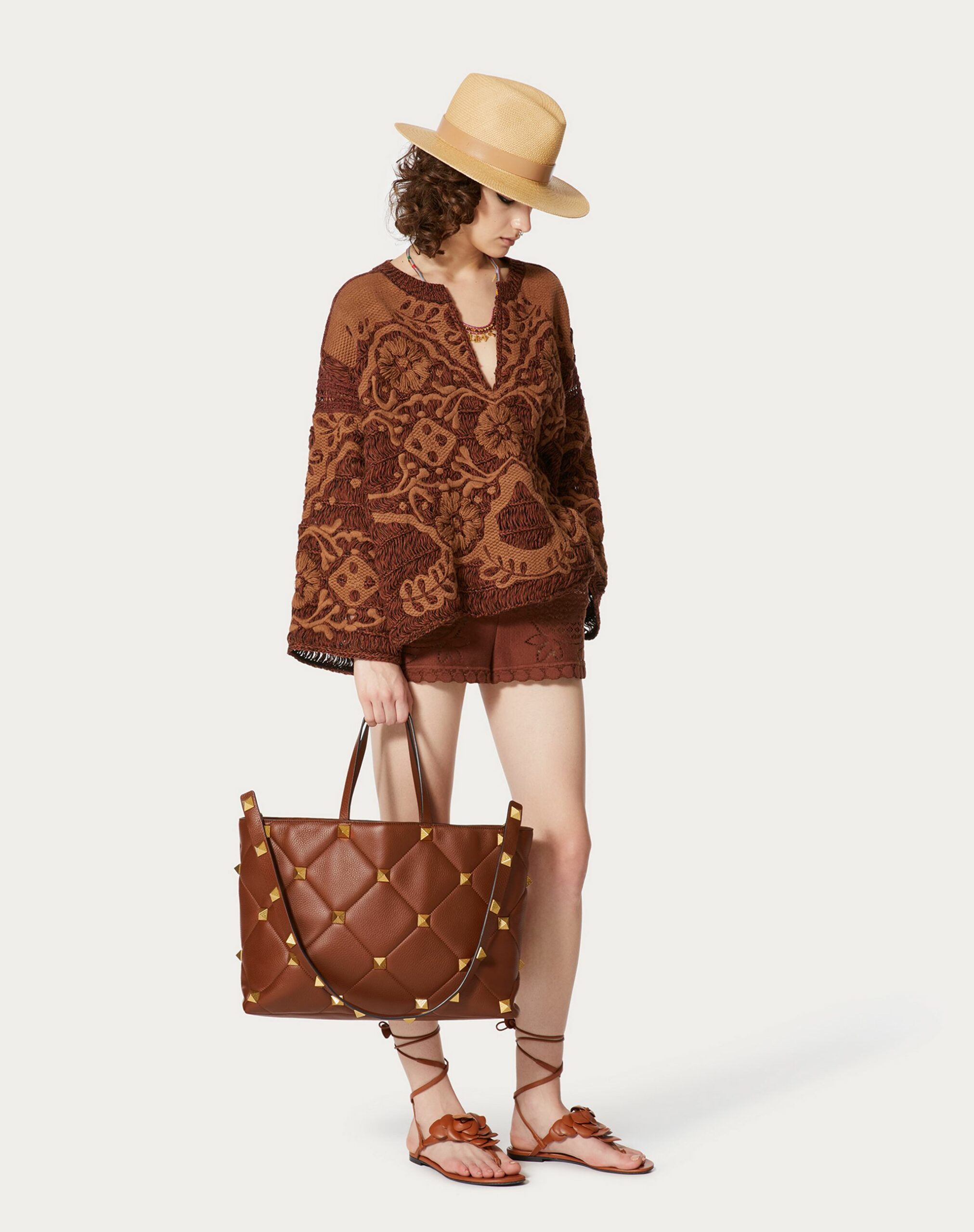 Valentino Large Roman Stud The Tote In Grainy Calfskin Saddle Brown (XW2B0K00UKIHG5)