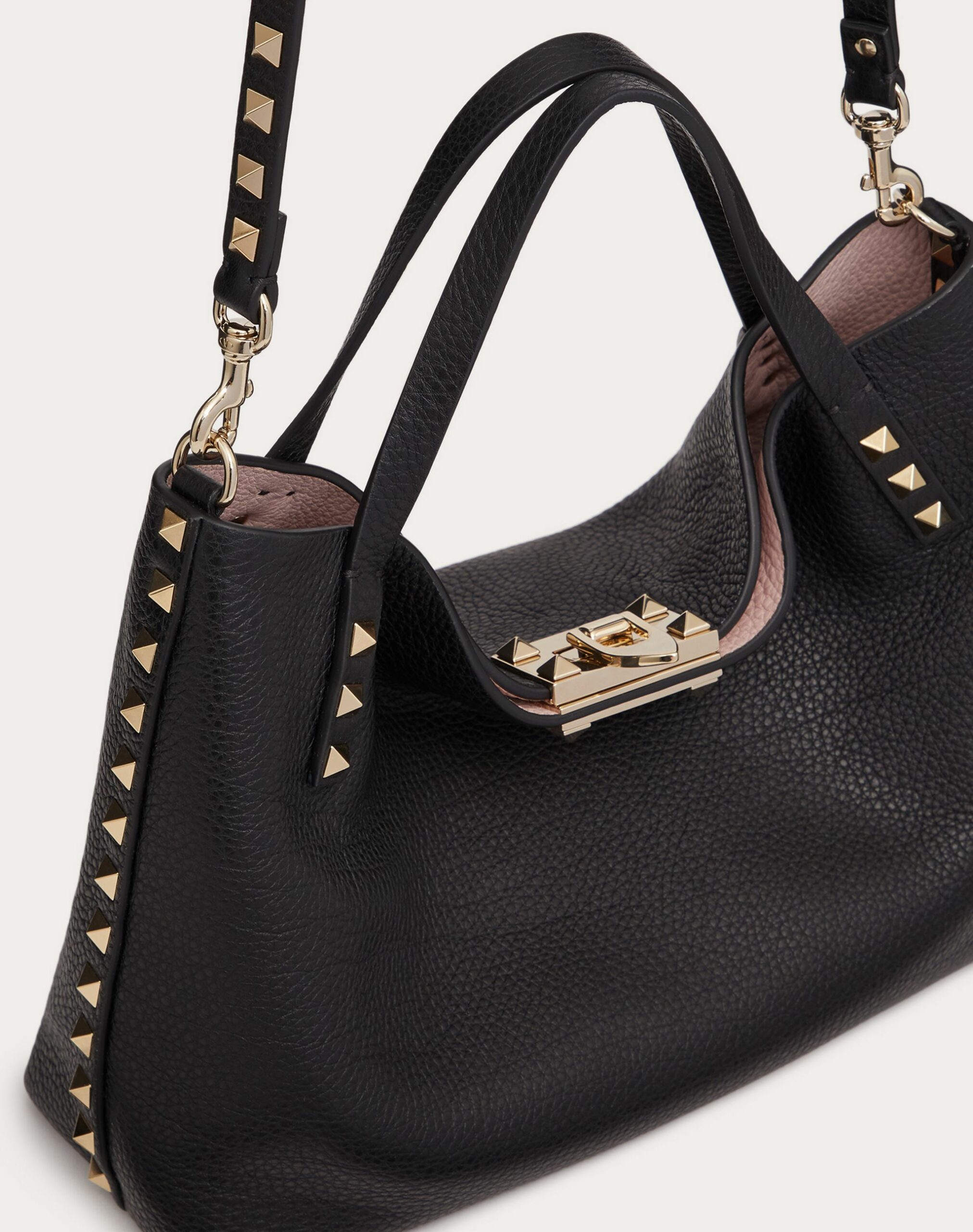 Valentino Small Rockstud Grainy Calfskin Bag With Contrasting Lining Black/rose Quartz (1W2B0K11VSN44A)