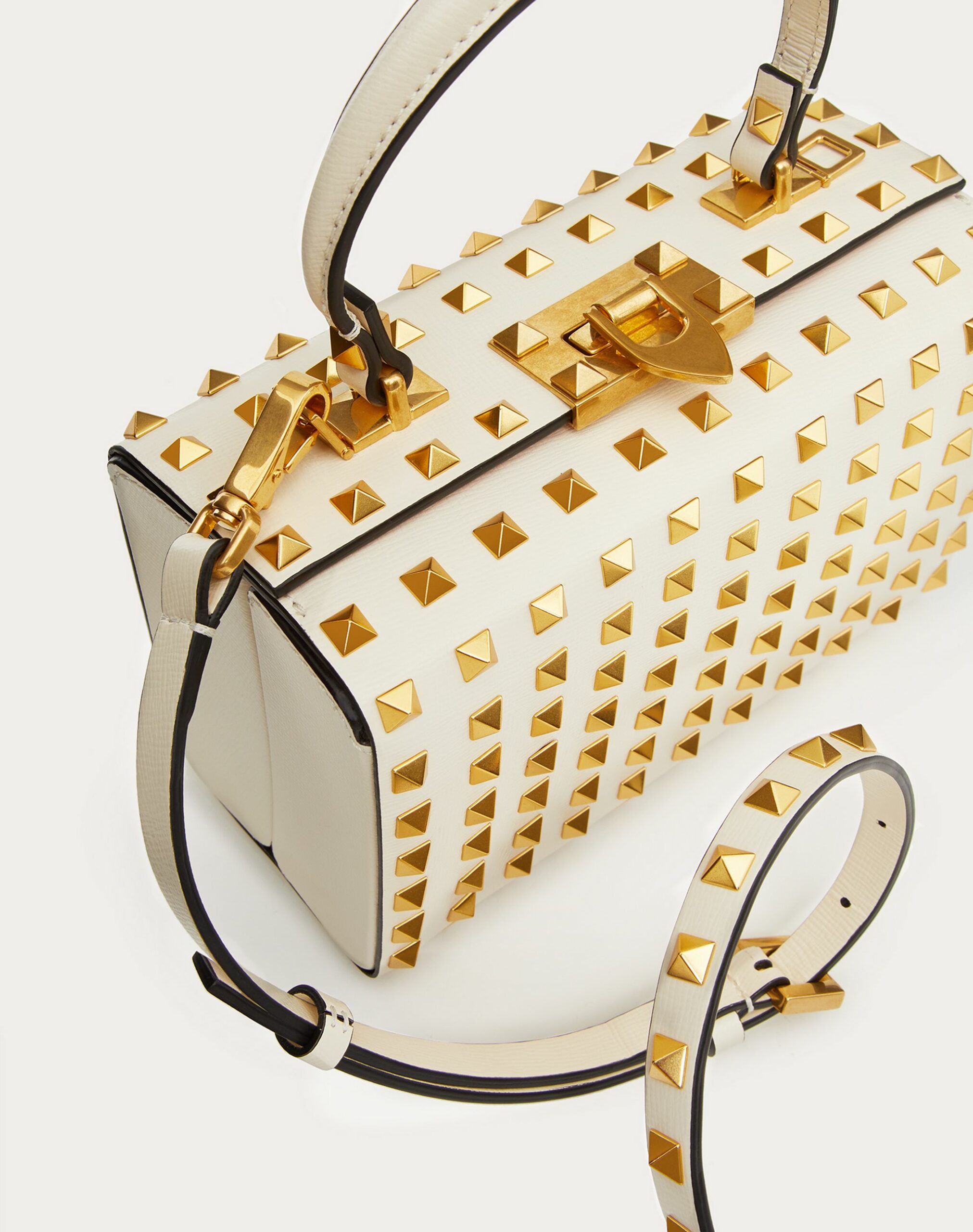 Valentino Rockstud Grainy Calfskin Box Bag With All-over Studs Light Ivory (XW2B0J73DANI16)