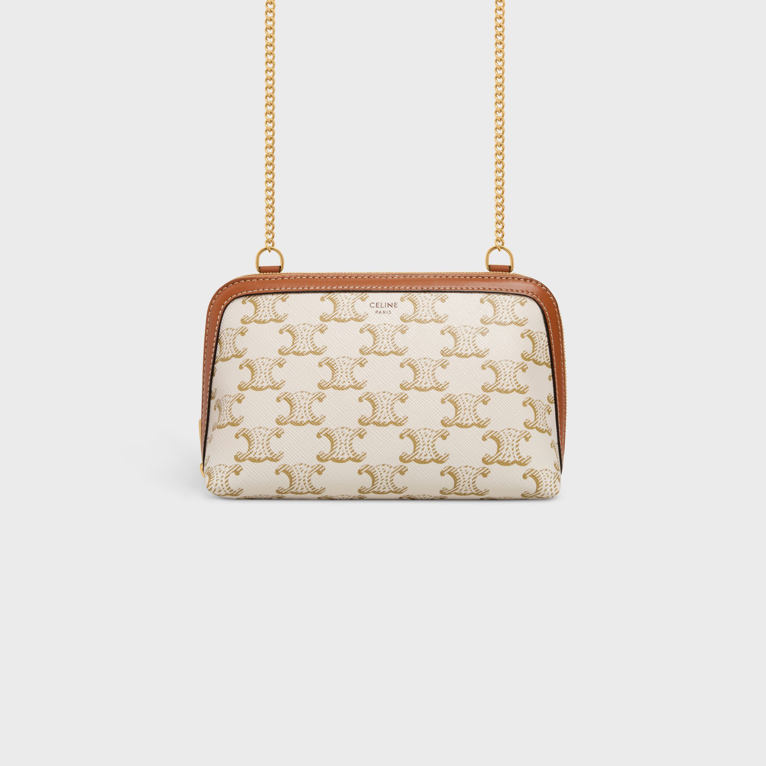 Celine Clutch With Chain In Triomphe Canvas And Lambskin – White/tan – 10E382CBX.01TA