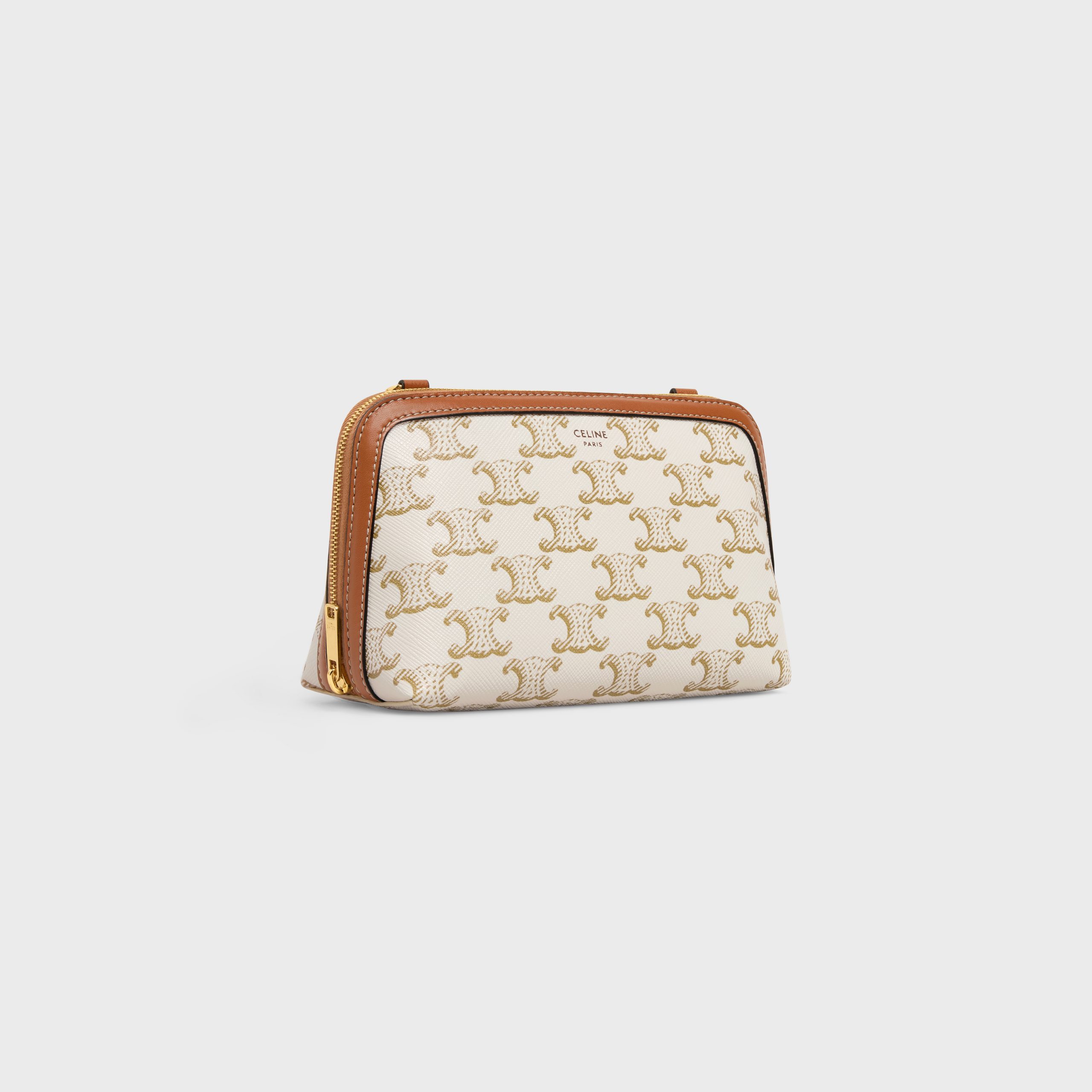 Celine Clutch With Chain In Triomphe Canvas And Lambskin – White/tan – 10E382CBX.01TA