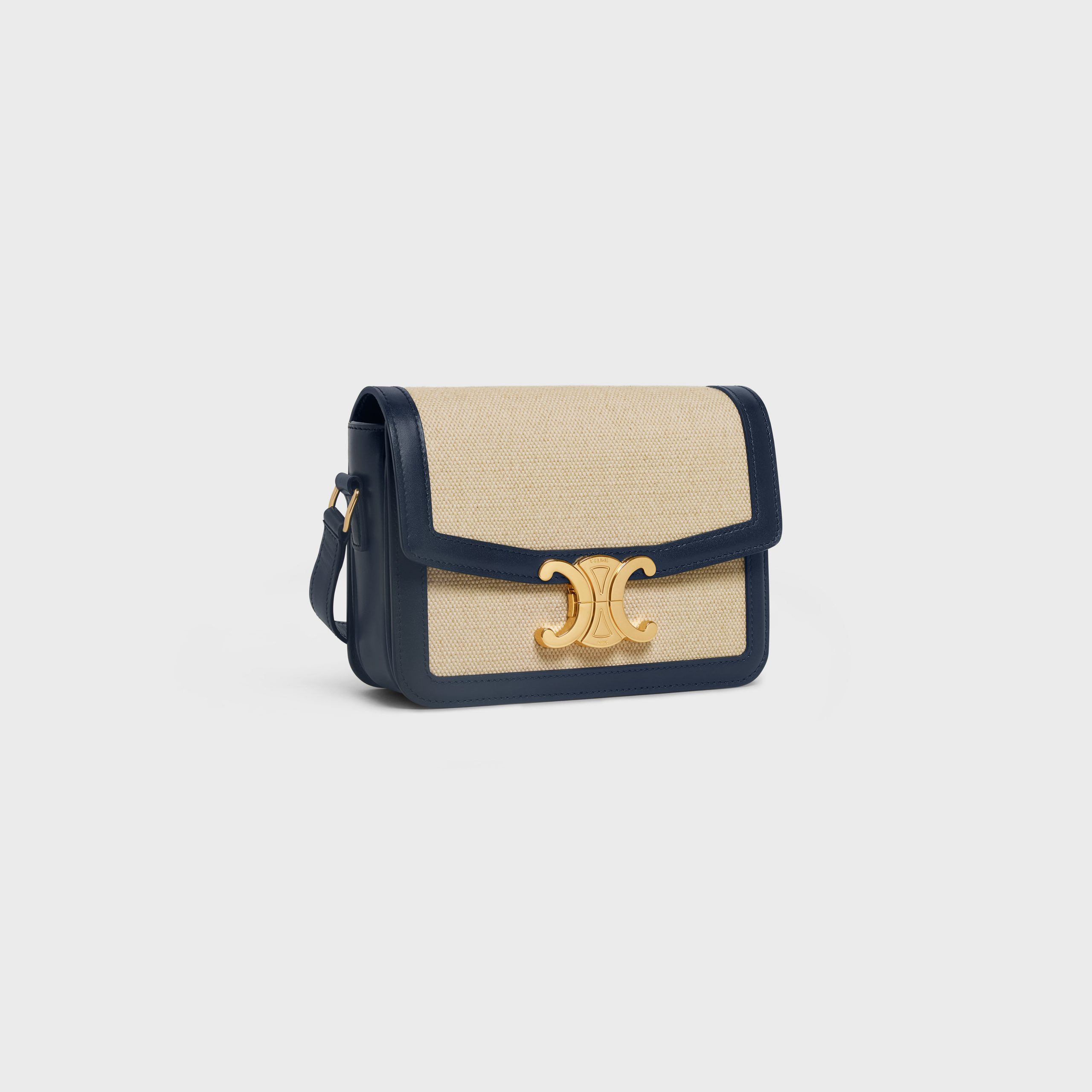 Celine Teen Triomphe Bag In Textile And Calfskin – Vanilla / Navy – 188882DAQ.01NA