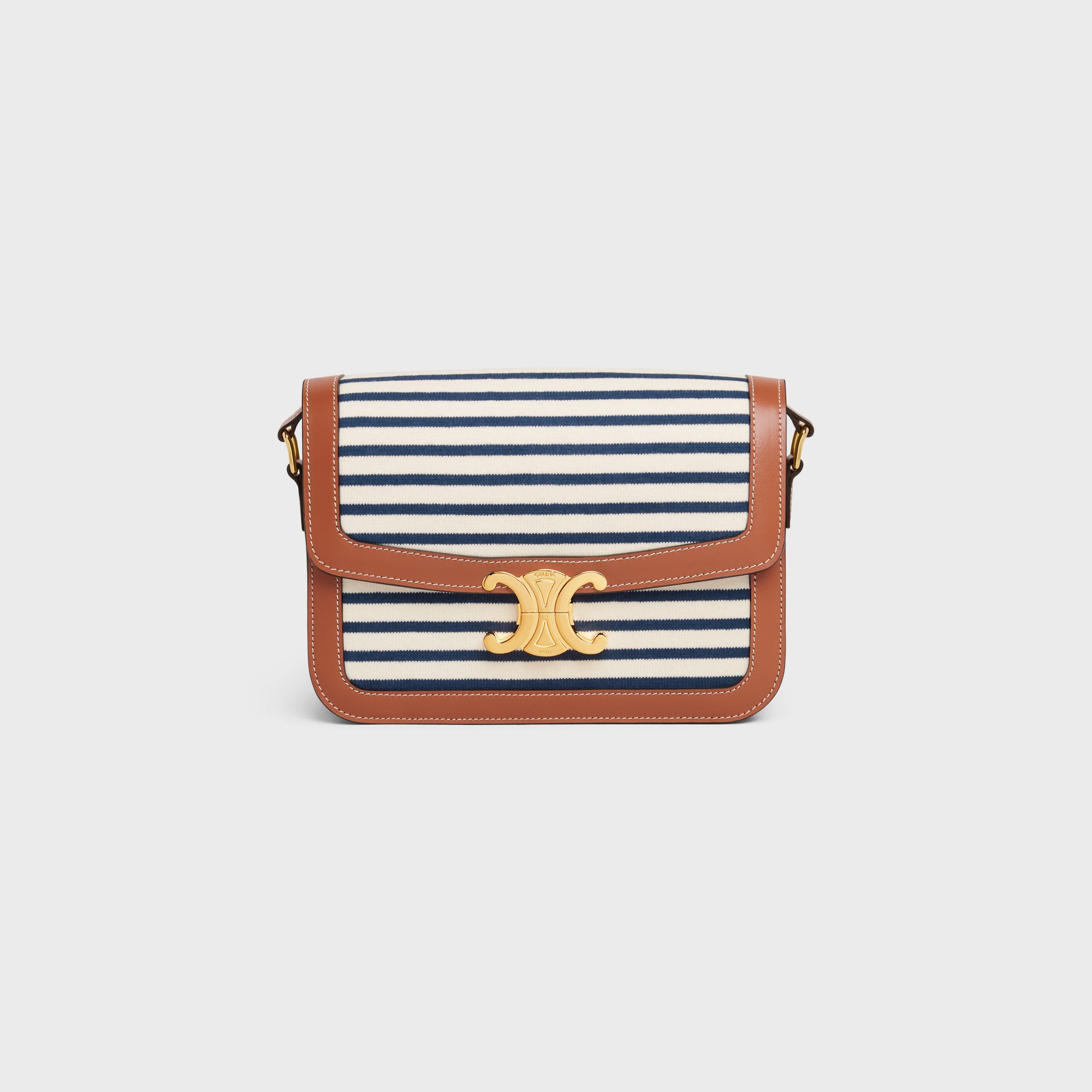 Celine Medium Triomphe Bag In Striped Textile And Calfskin – Navy / Tan – 191242DKU.07AT