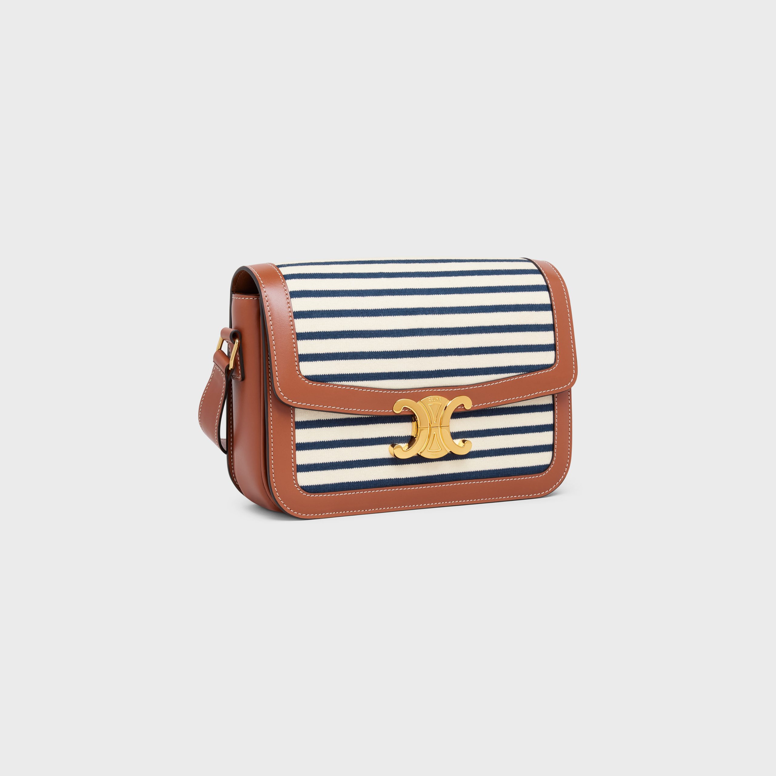 Celine Medium Triomphe Bag In Striped Textile And Calfskin – Navy / Tan – 191242DKU.07AT