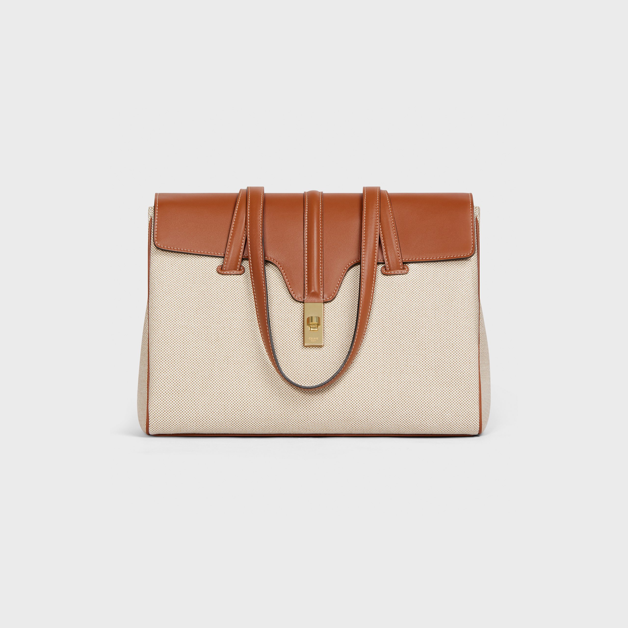 Celine Medium Soft 16 Bag In Textile And Calfskin – Tan/white – 195542DFG.04LV