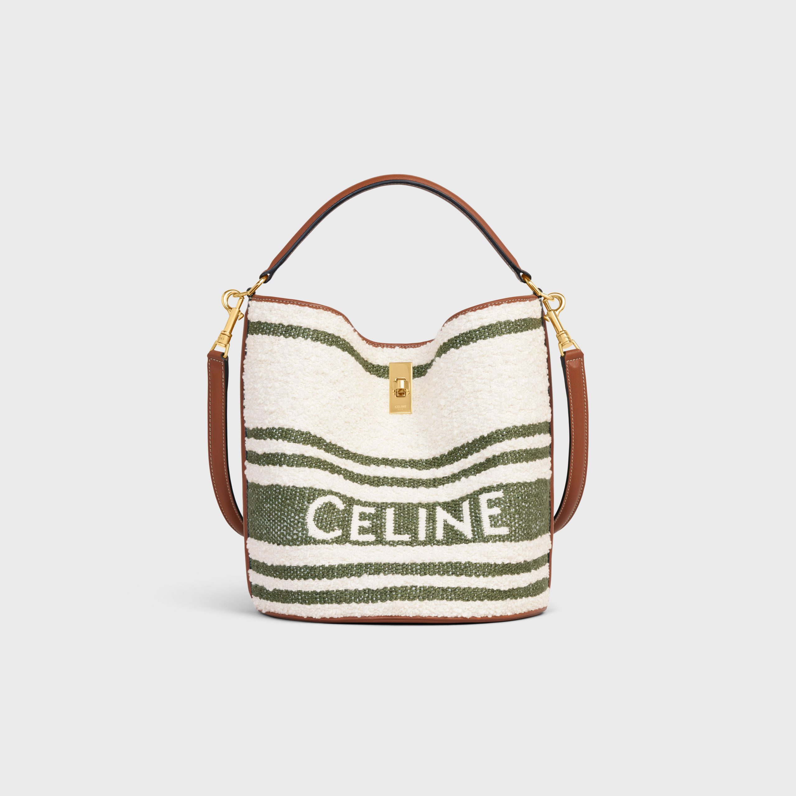 Celine Bucket 16 Bag In STRIPED TEXTILE WITH CELINE AND CALFSKIN – Khaki / Tan – 195572ED3.15KZ