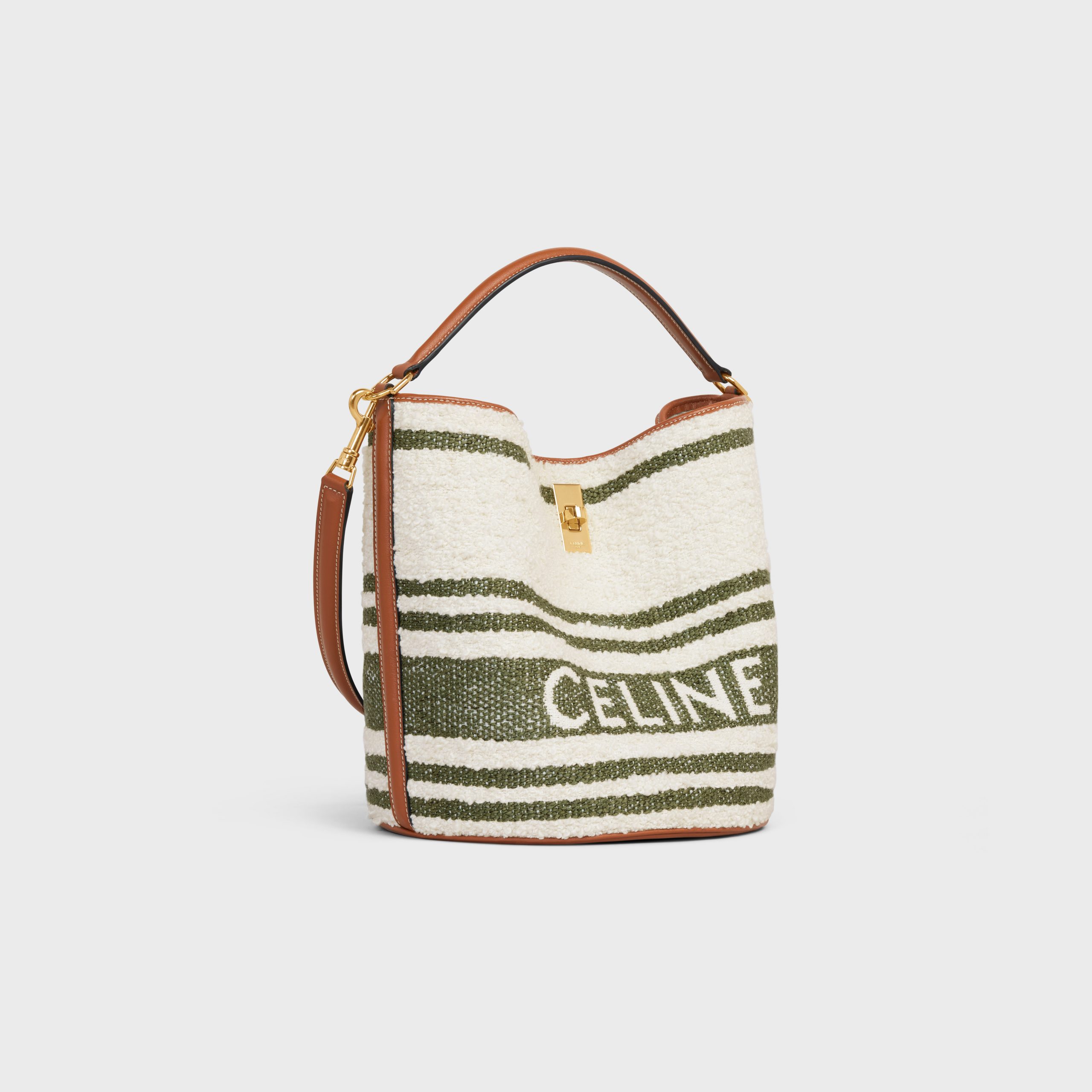 Celine Bucket 16 Bag In STRIPED TEXTILE WITH CELINE AND CALFSKIN – Khaki / Tan – 195572ED3.15KZ