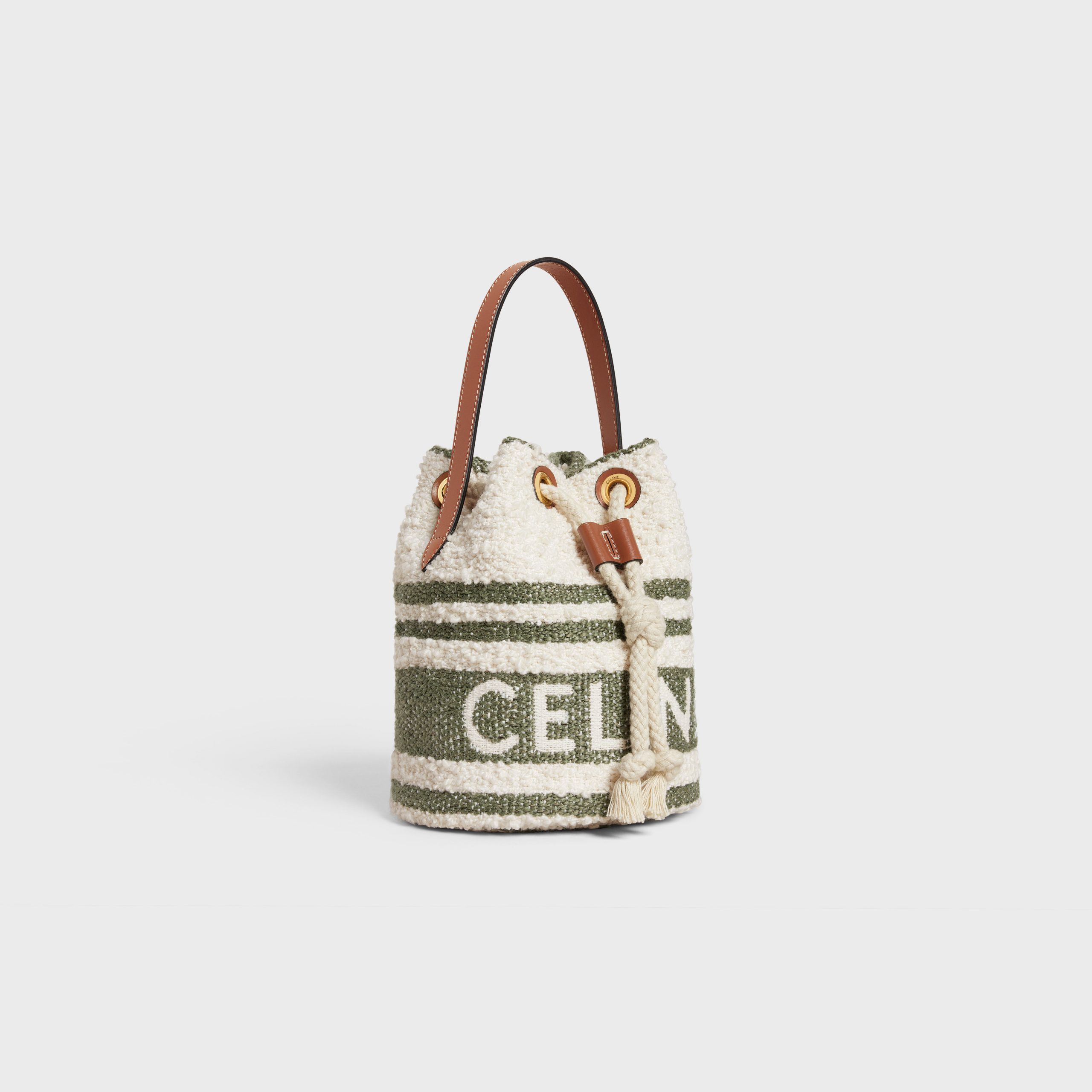 Celine Teen Drawstring In STRIPED TEXTILE WITH CELINE AND CALFSKIN – Khaki / Tan – 196532ECH.15KZ