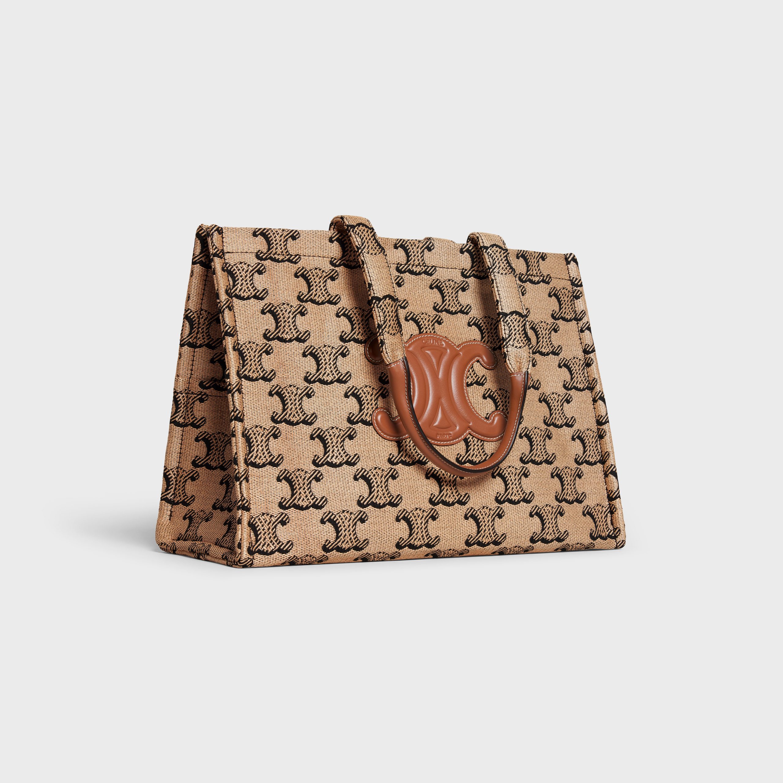 Celine Large Cabas Thais In RAFFIA JACQUARD TRIOMPHE & CALFSKIN – Natural / Tan – 196762EC9.02NT