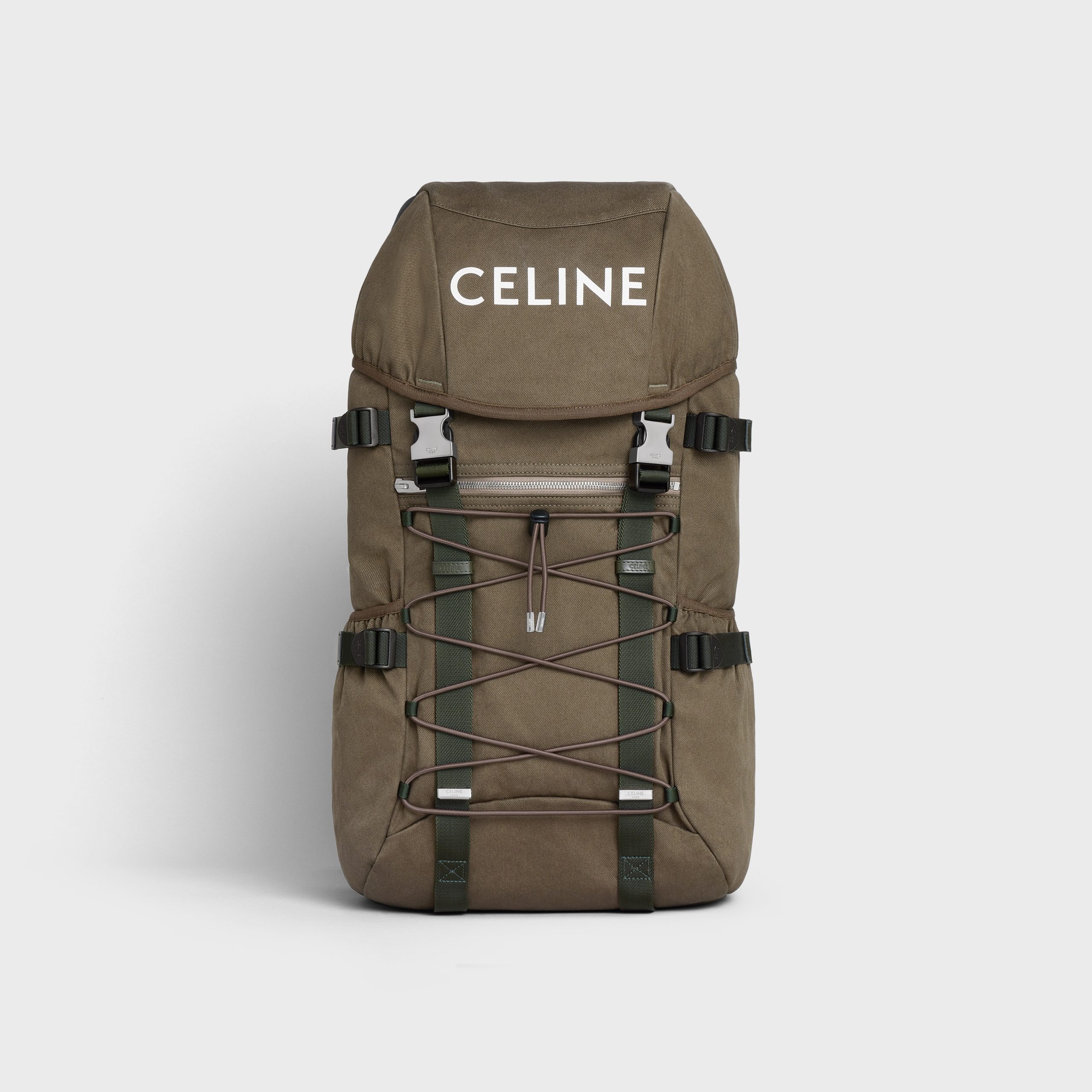 Celine Trecking Backpack In Cotton Gabardine With Celine Print – Khaki – 197072DO8.15KH