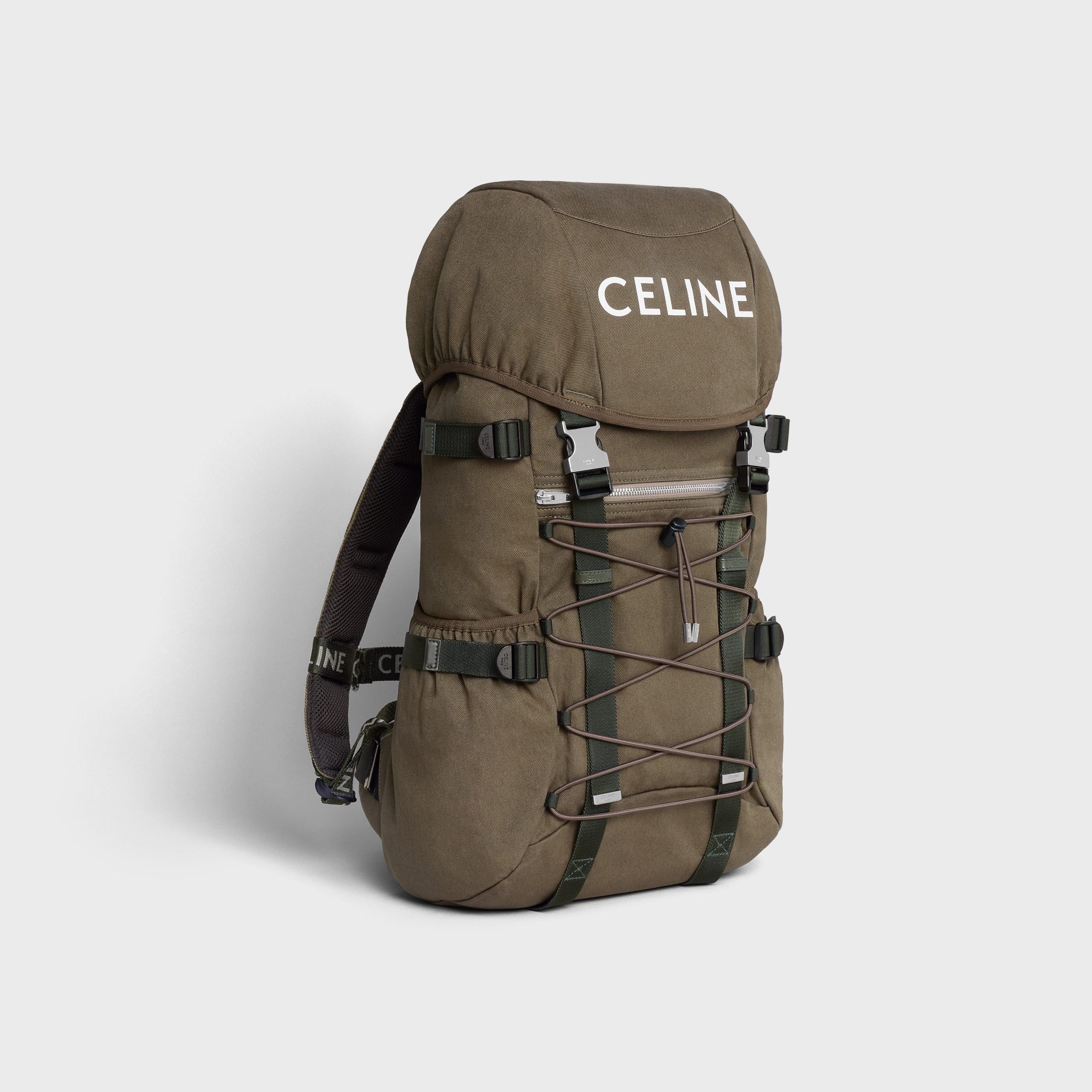 Celine Trecking Backpack In Cotton Gabardine With Celine Print – Khaki – 197072DO8.15KH