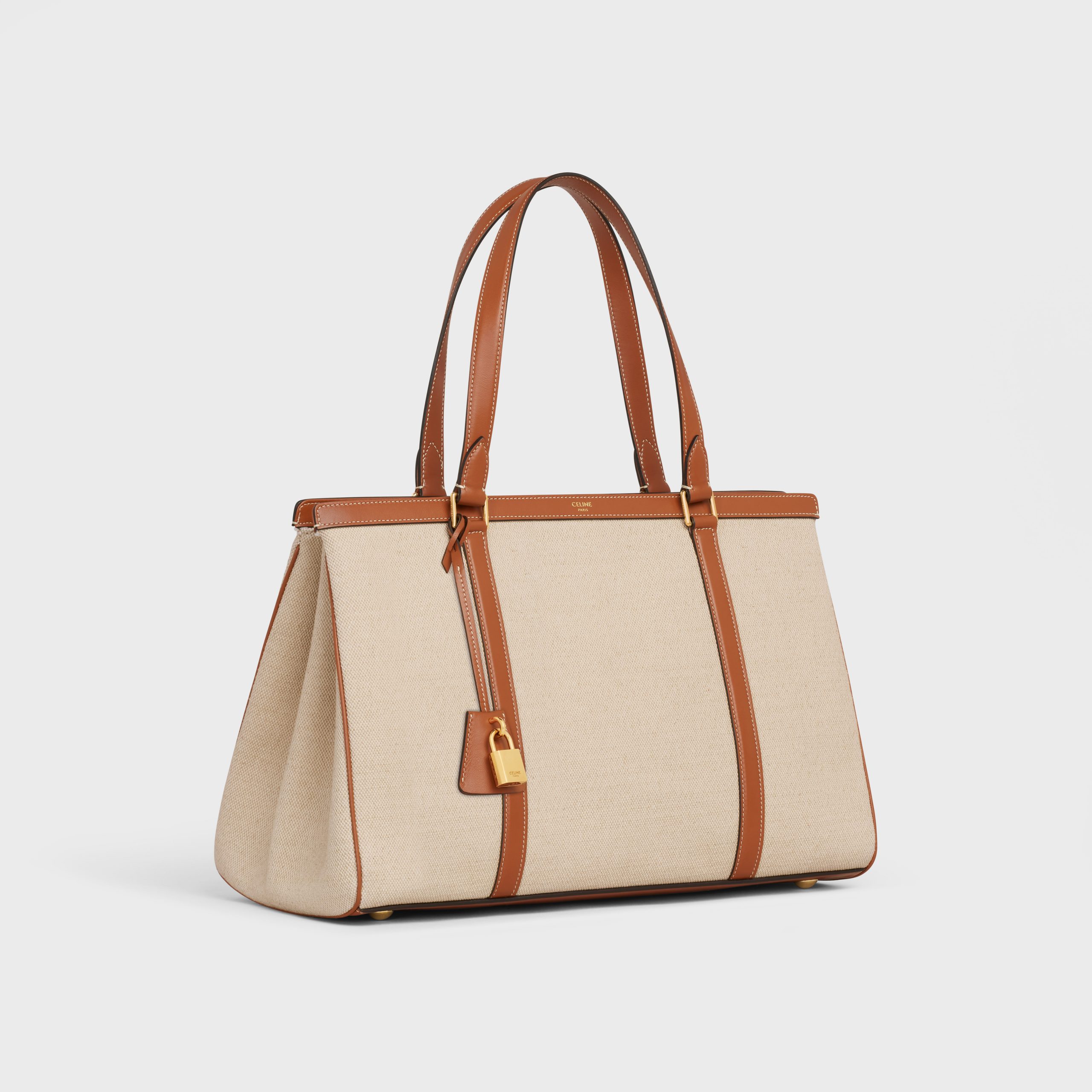 Celine MEDIUM CABAS 16 In Textile And Calfskin – Natural / Tan – 197332DUH.02NT