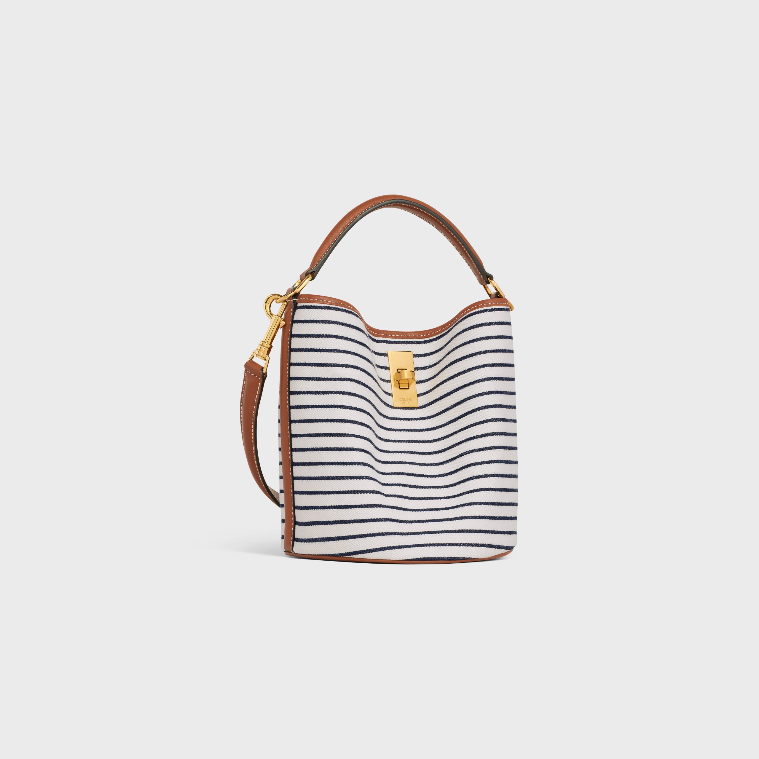 Celine TEEN BUCKET 16 In Striped Textile And Calfskin – Navy / Tan – 197572DSI.07AT